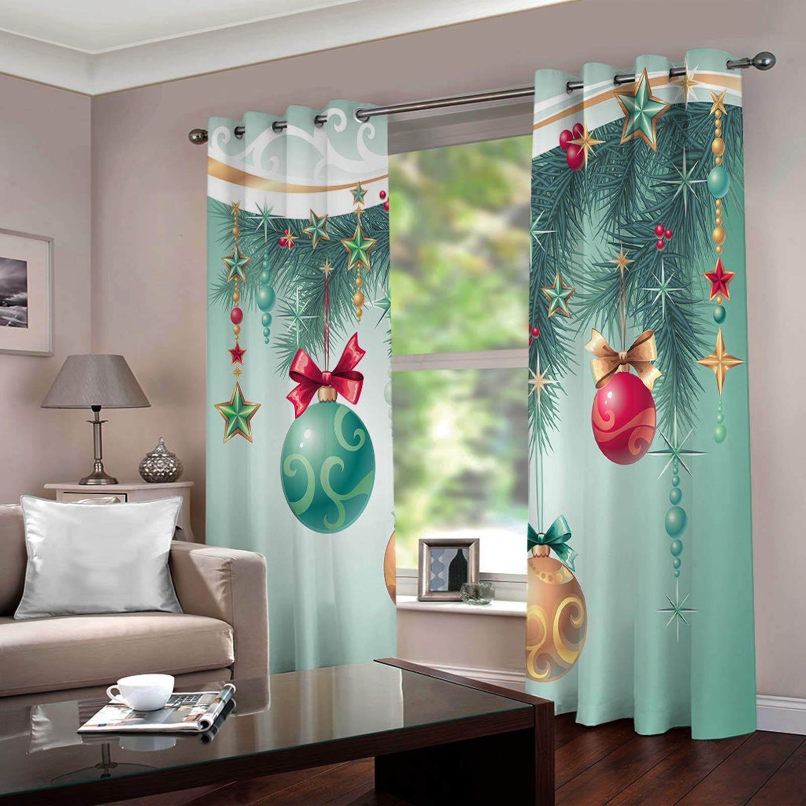 AMDXD Wohnzimmer Vorhang, Kiefer Baum Weihnachtskugel Sterne Gardinen Schlafzimmer Rot Grün Vorhänge Wohnzimmer Deko für Hotels Büros, 214x138CM (B x H)