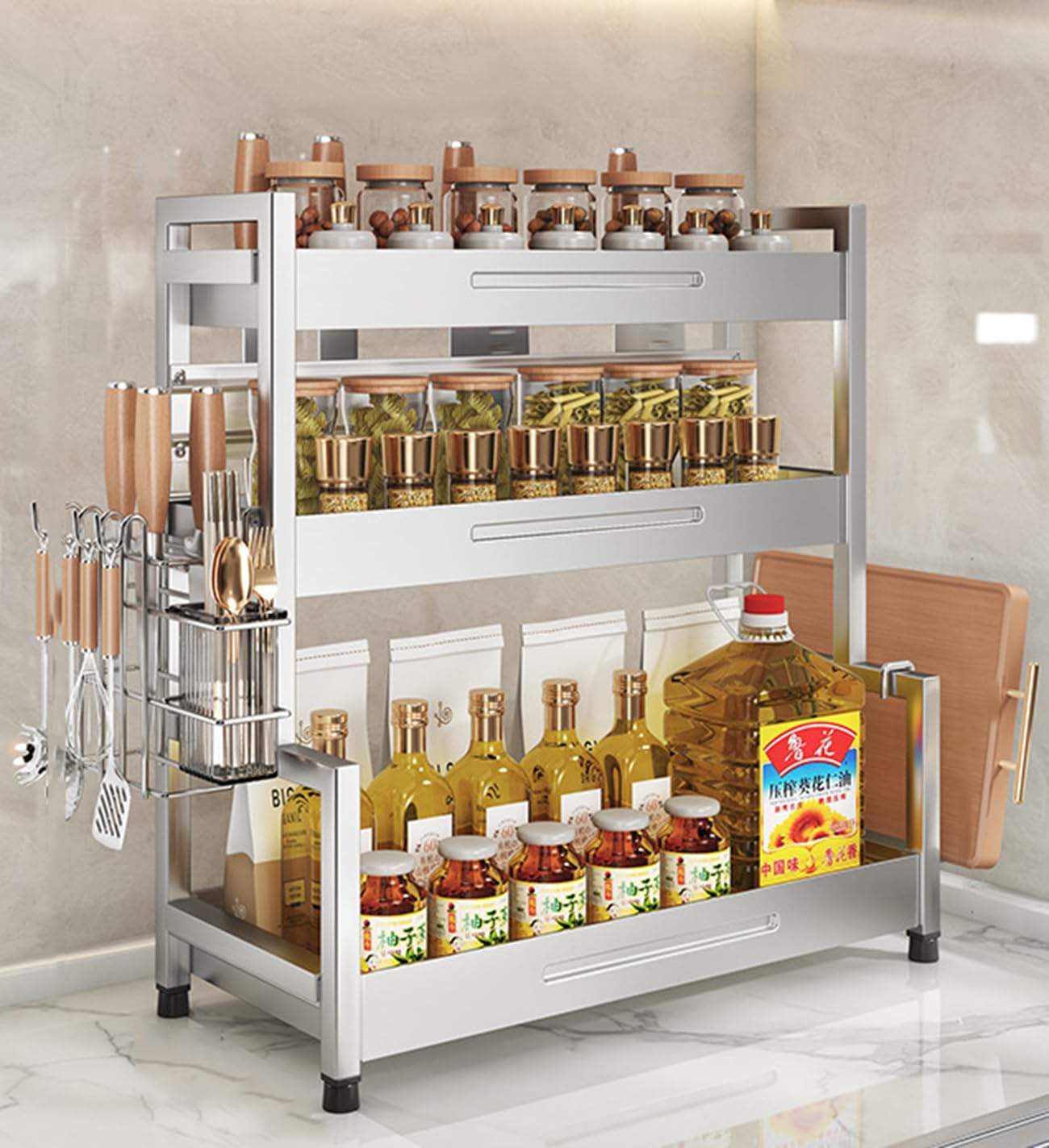 Étagère à épices à 3 niveaux pour comptoir de cuisine, étagère de rangement sur pied, organiseur de bureau, étagères de rangement en acier inoxydable, pour cuisine, salle à manger, B, 50 cm