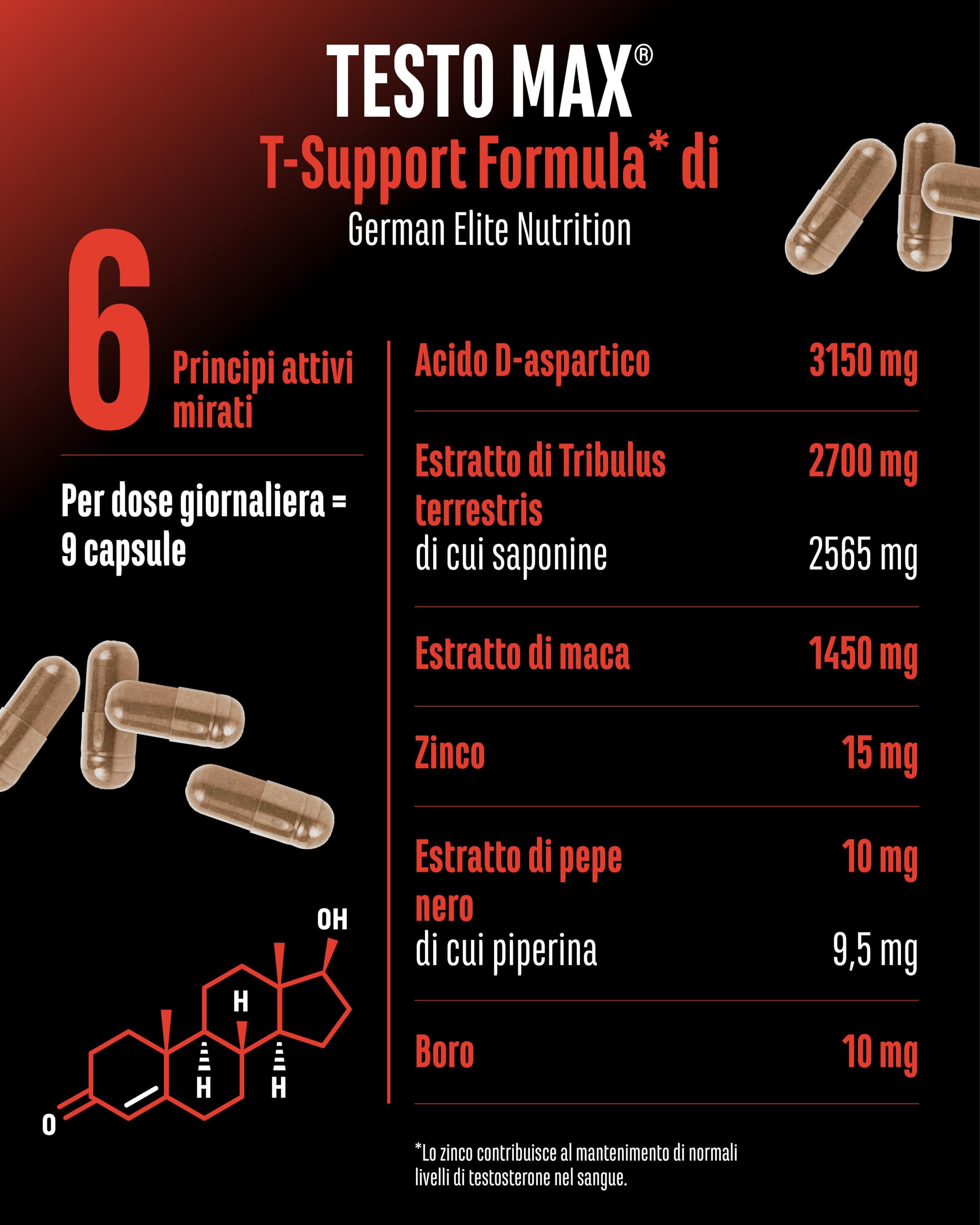 Testo MAX® - 270 Capsule - Extra Alto Dosaggio con 7323 mg per Dose Giornaliera - con Acido D-Aspartico - Tribulus - Estratto di Maca - Boro - Zinco - Aminoacidi - Vegano