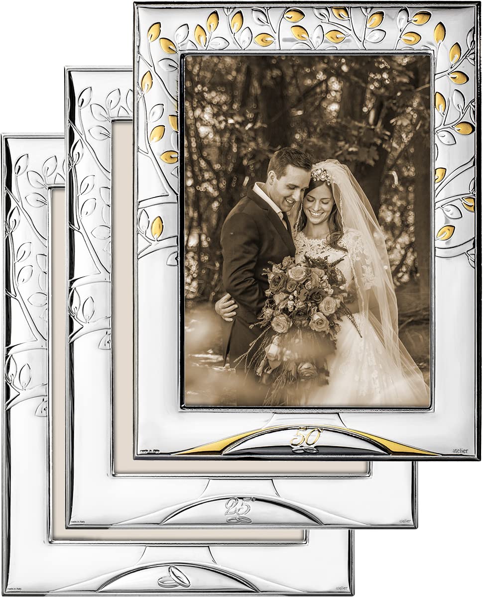 Portafotos Laminado en Plata de Ley 925‰. Diseño Alianzas, 25 Aniversario y 50 Aniversario para foto de 15x20 cm. Con opción de Personalizado. (E0318)