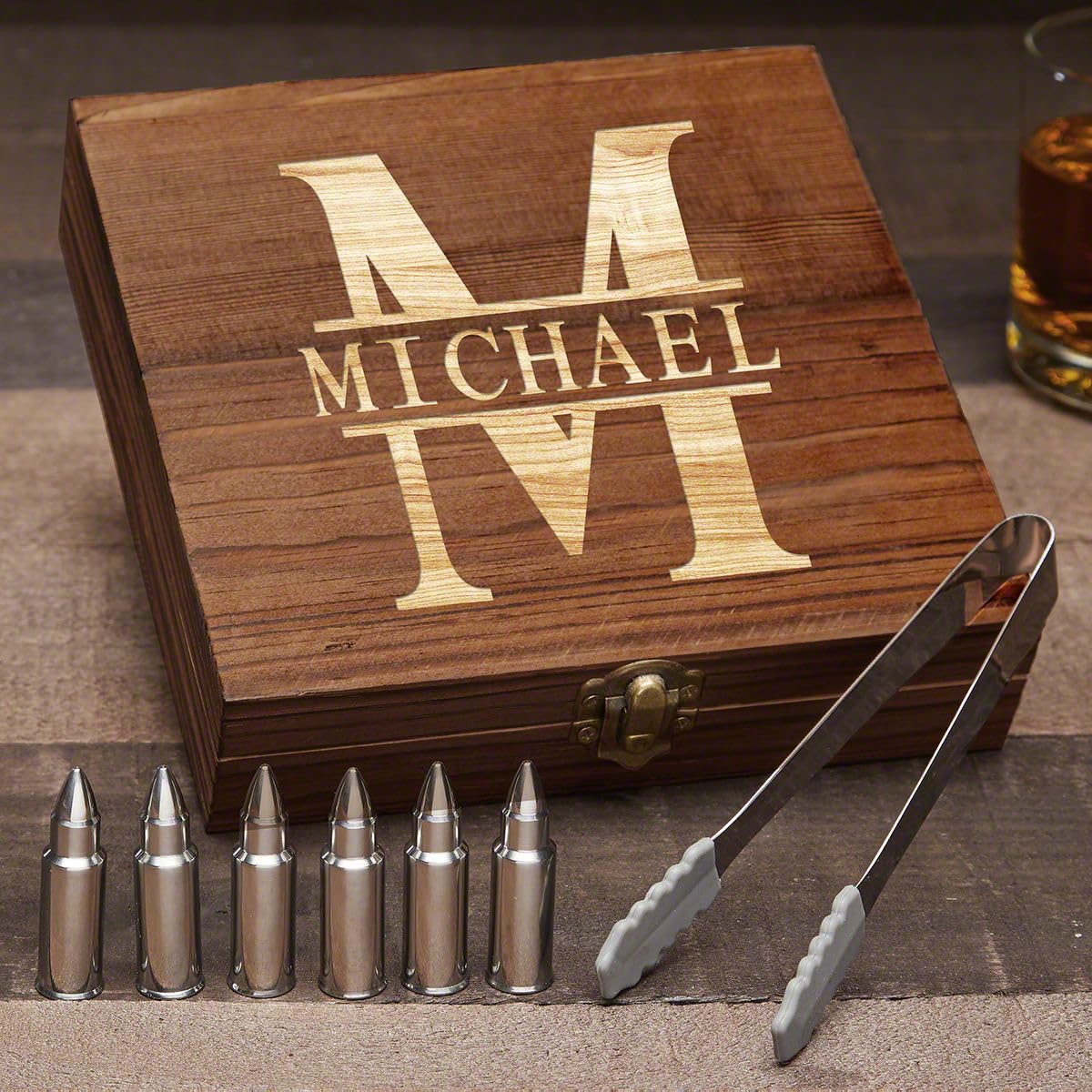 Bullet Whiskey Stones Gift Set for Men with Personalized Wooden Box - Oakmont Design