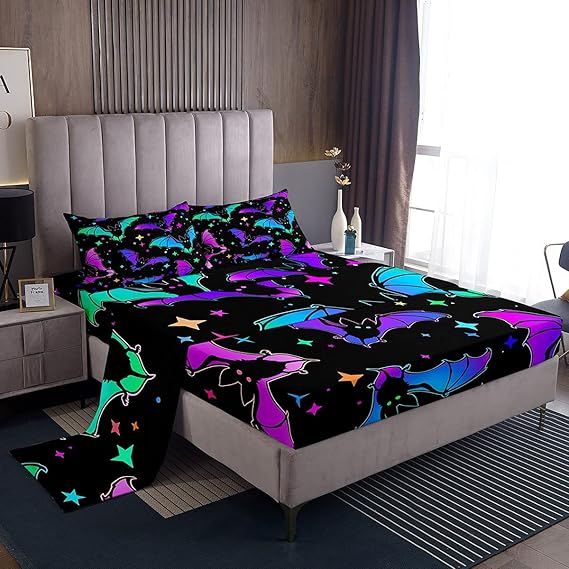 Erosebridal Halloween Bat Bedding Set Twin Size Glitter Stars Galaxy Bed Sheet Set for Kids