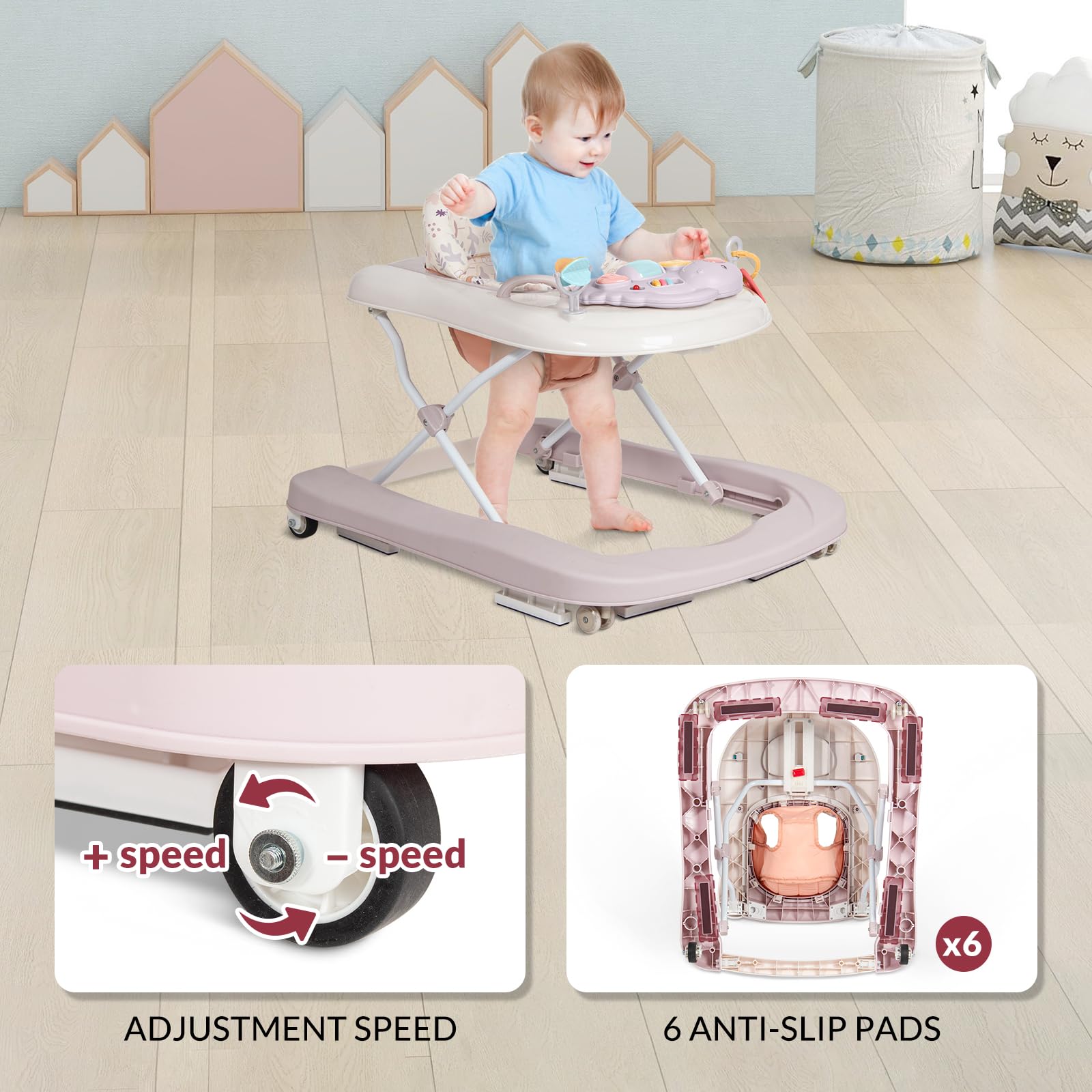 Leogreen Trotteur pour bébé 3 en 1 avec plateau amovible, Trotteur bébé facilement pliable, babywalker, hauteur réglable, De 6 à 18 mois