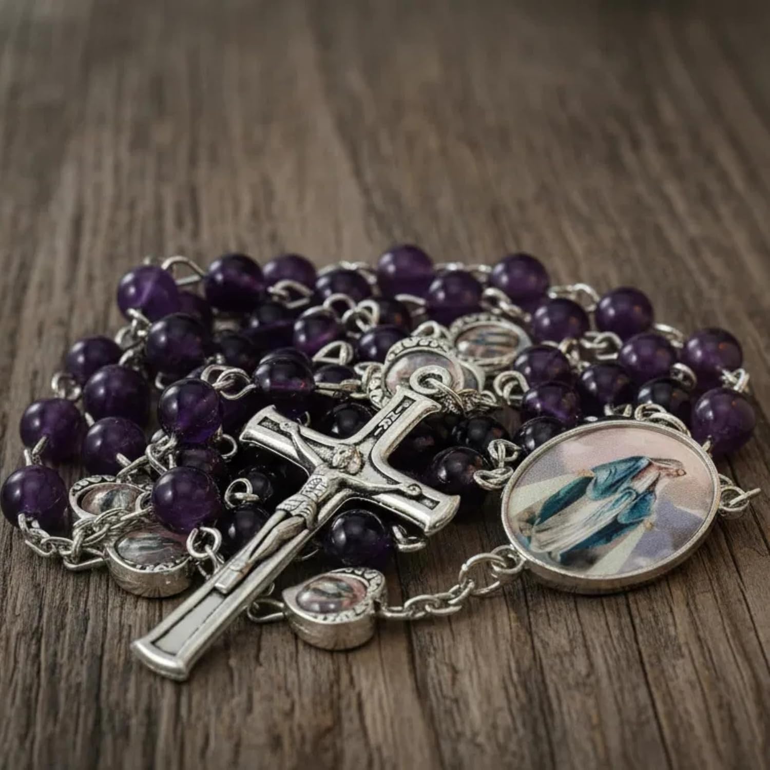 Nazareth Store Natural Stone Beads with Miraculous Epoxy Heart Metal Beads Rosary Necklace Gemstone Christian Gifts - Image 3