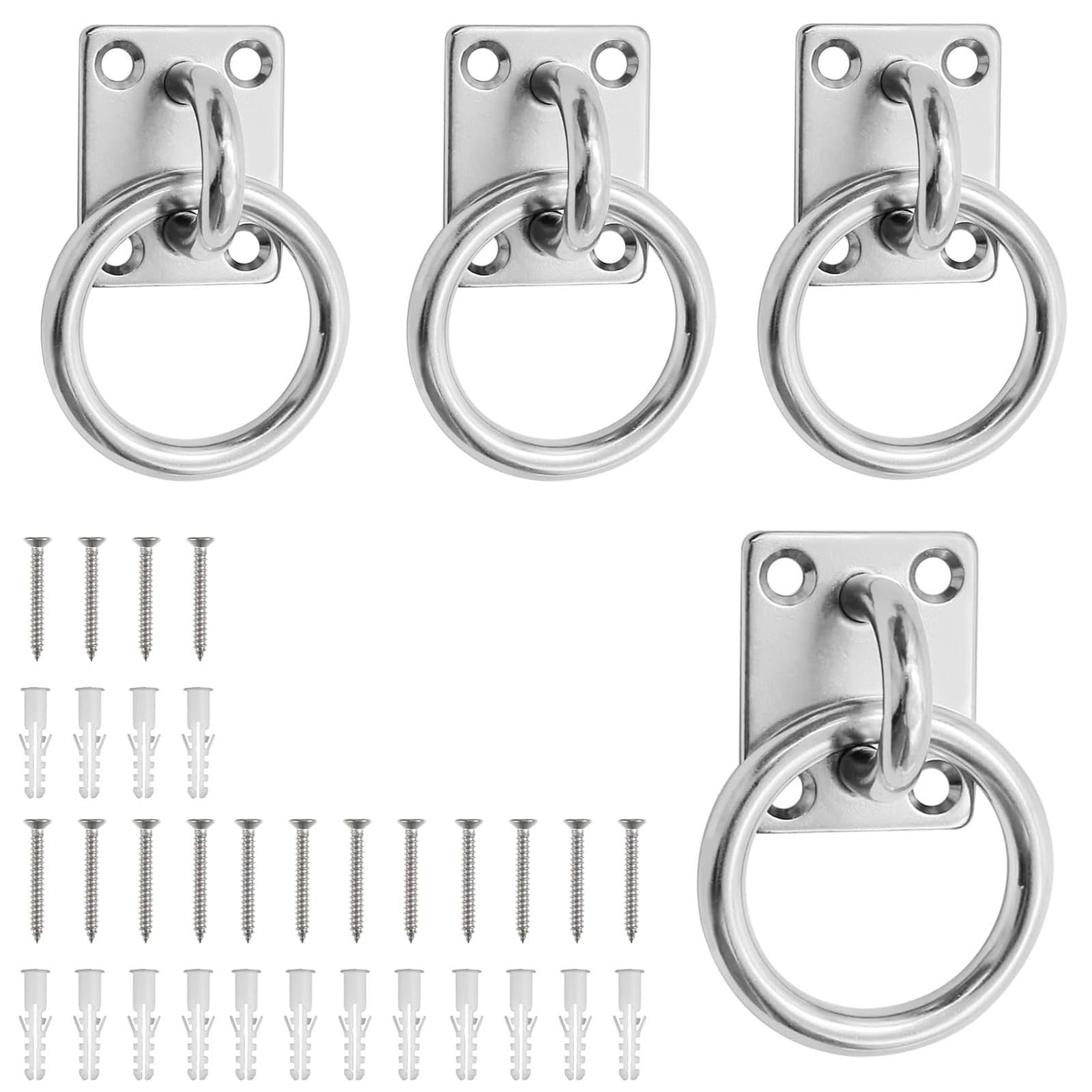 PARFCO Ganchos Anclaje Pared, 4 Piezas 304 Acero INOX Anillo para Atar Caballos, Ojal 5 mm, Cuadrado Argollas para Pared, con Tornillos y Tubo Expansión, para Columnas Madera, Paredes, Techos
