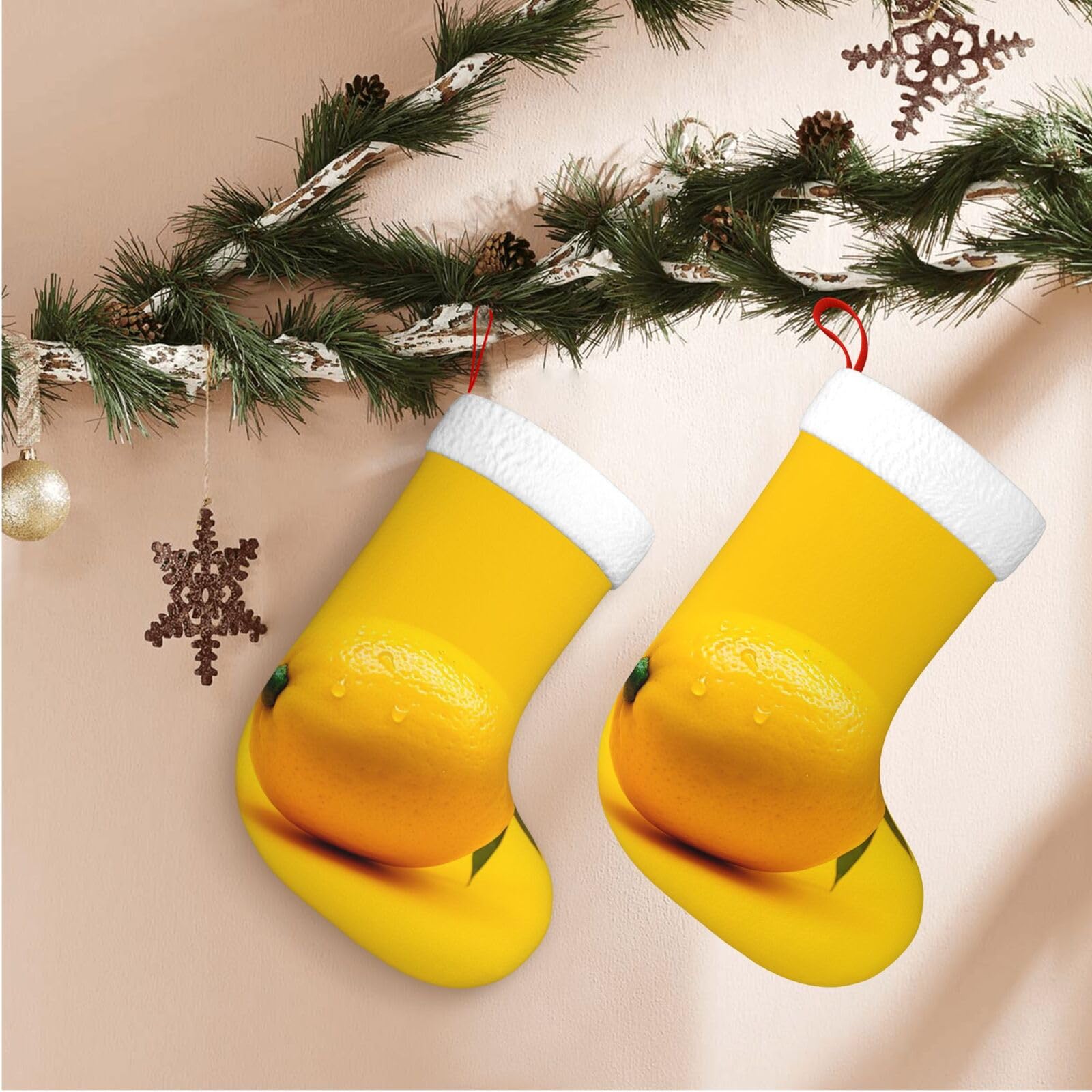 17.7" Christmas Stocking 1 Piece, Lemon On Yellow Background Xmas Stockings with White Plush Cuff Fireplace Hanging Stocking for Christmas Holiday Party Decoration