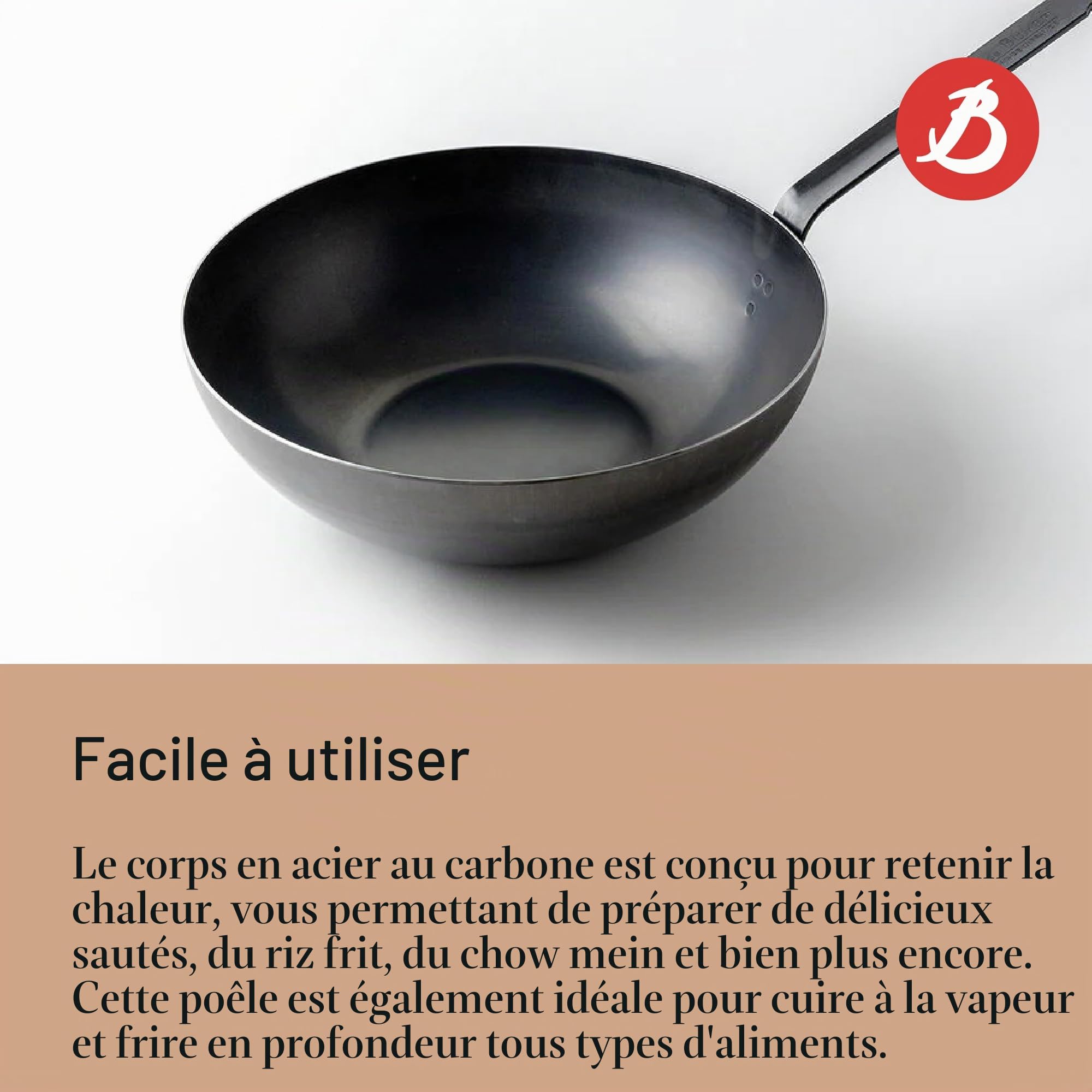 De Buyer Wok en acier carbone bleu 31,8 cm