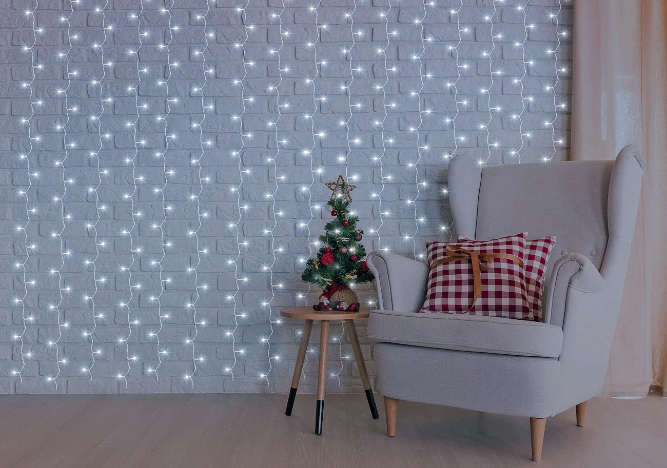 Luminea Home Control Lichtervorhang innen: 2er WLAN-LED-Lichtervorhang, 300 CCT-LEDs, dimmbar, App, IP44, 3x3 m (außen, kaltweiß, Kabel)