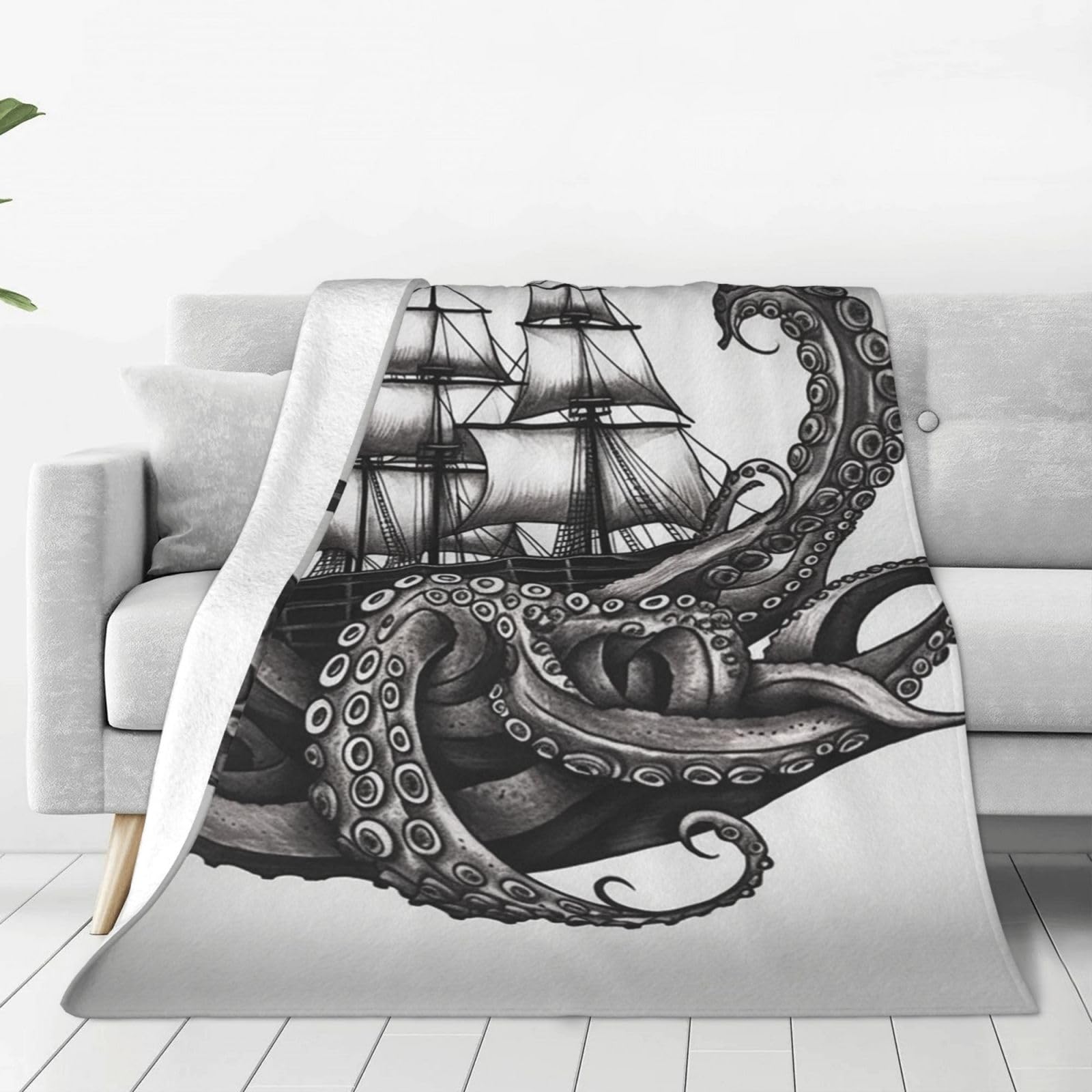 Black and White Octopus and Ship Throw Blanket 60"x50" Flannel Fluffy Warm Blanket for Couch, Reversible Plush Blankets for Bed, Comfy Fuzzy Blanket for Sofa, Plush Lightweight-Blankets for All Season