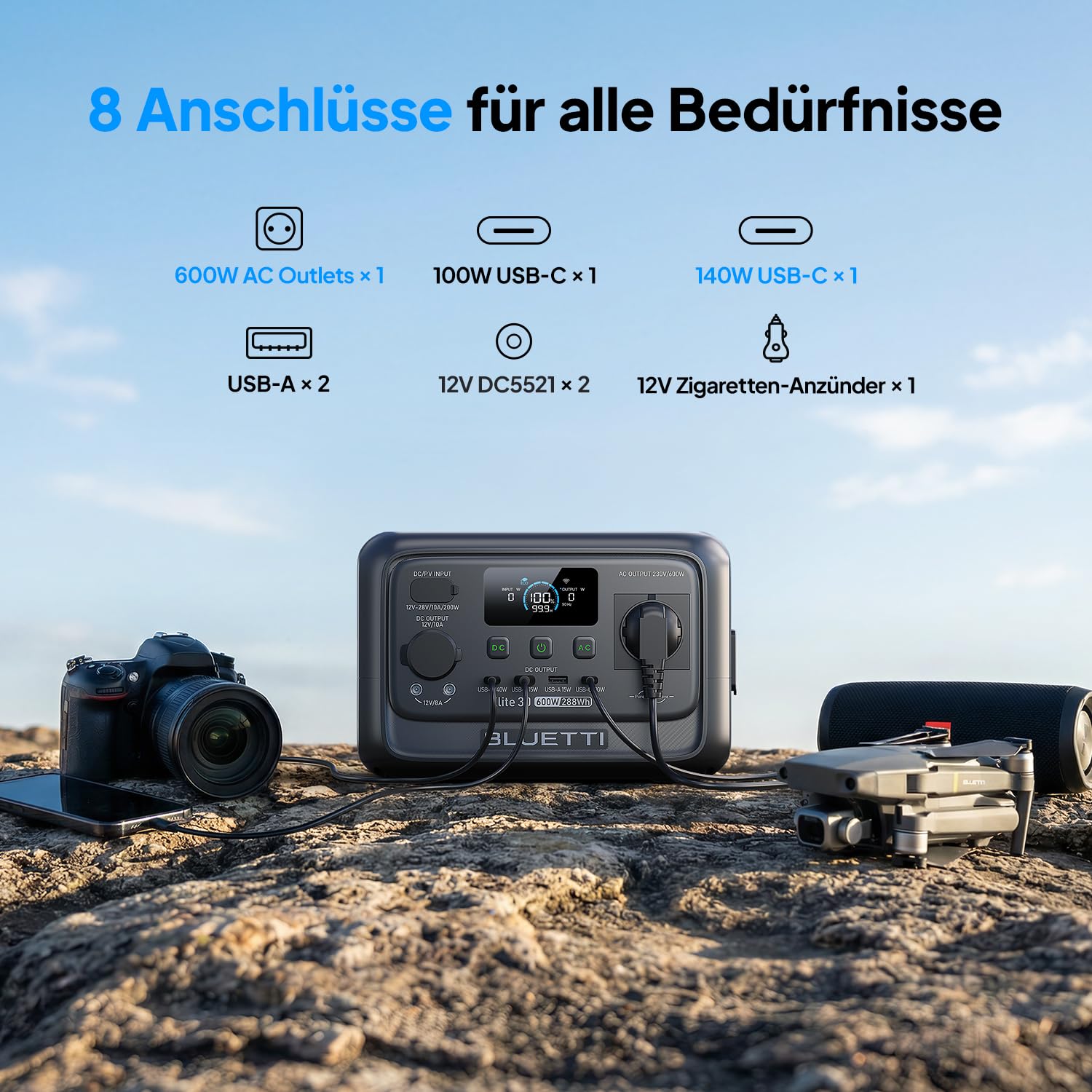 BLUETTI Elite 30 V2 Tragbare Powerstation, 288 Wh LFP Batterie, 600W AC Ausgang (Power Lifting 1500W), 0-100% in 70 Minuten, Solargenerator für Camping, Vans, Stromausfälle (Solarpanel optional)