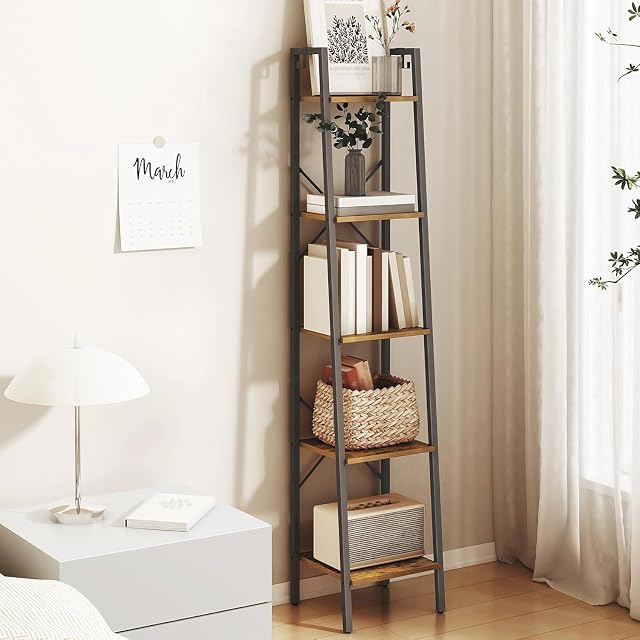 Hzuaneri Étagère, Bibliothèque de bibliothèque, Rangement en coin avec étagère 2 Crochets pour le bureau d'intérieur, salon, cuisine, chambre à coucher, industrielle, 5-Tier Marron rustique BC03201B