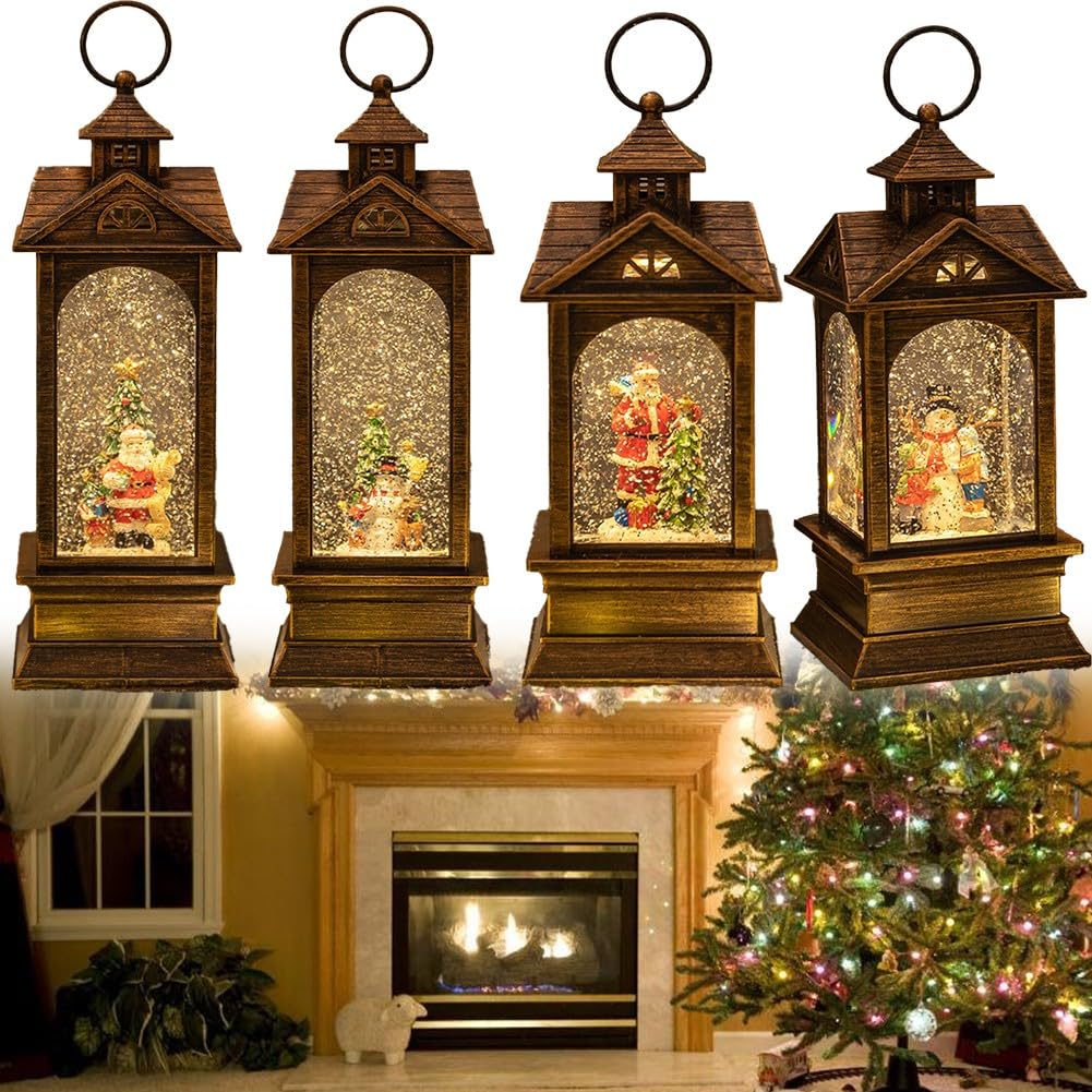 Vintage Christmas Lantern pozytywka ze światłem LED i świąteczną melodią, brązowa plastikowa dekoracja świąteczna i lampka nocna, mała, 23,5 cm