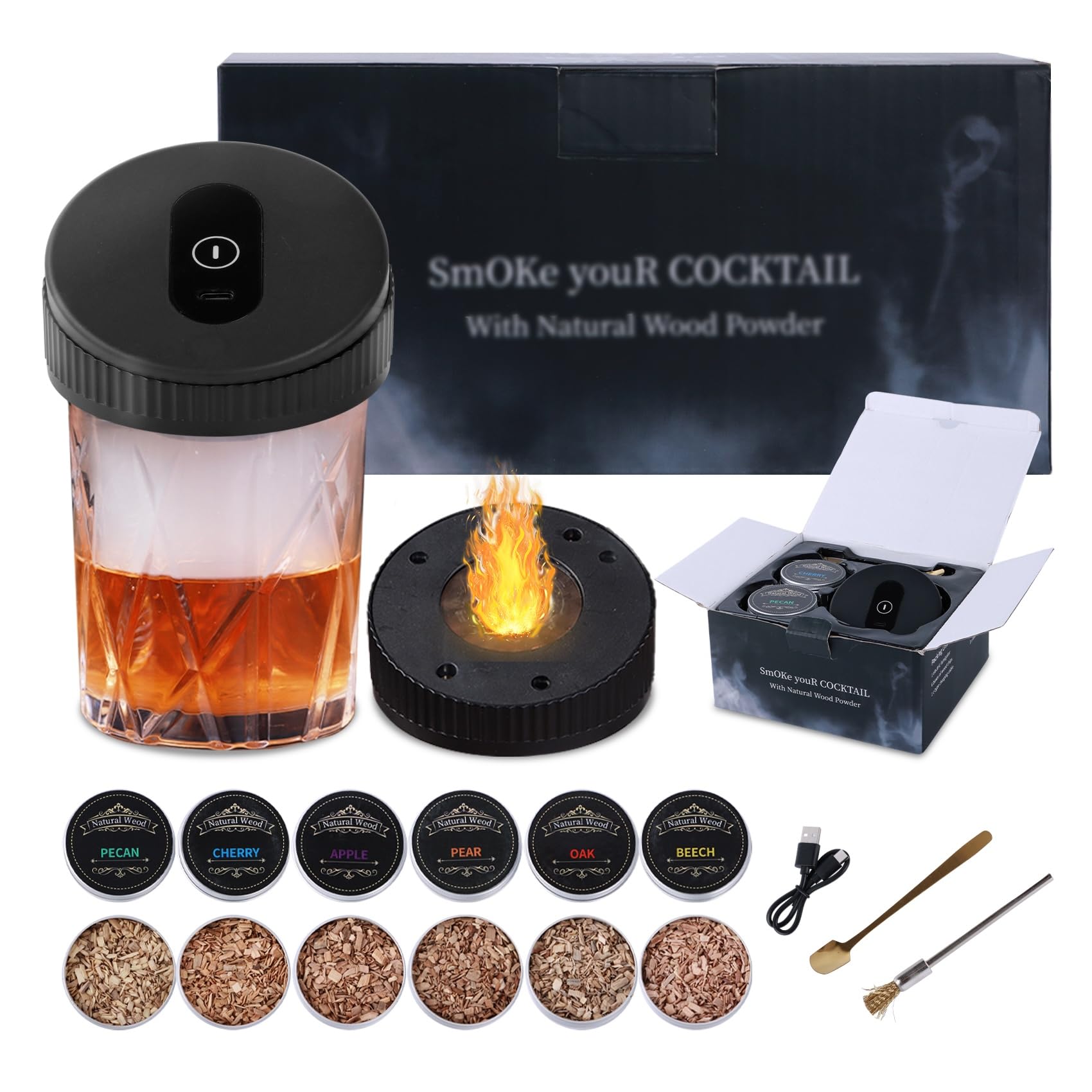 Electric Whiskey Smoker, Portable Cocktail Smoker Kit with Adjustable Smoke Intensity, USB-C Whiskey Smoker Kit for Home Bar, Birthday Anniversary Bourbon Whiskey Christmas Gifts for Men,Dad,Husband