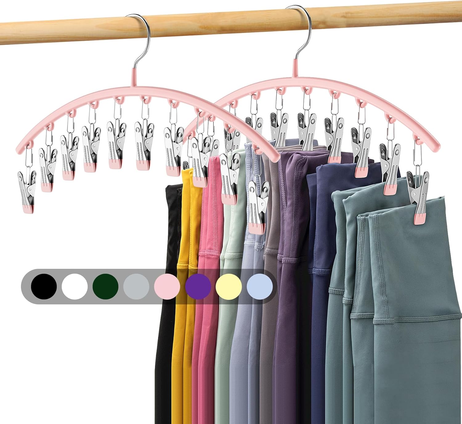 Legging Organizer for Closet, Metal Yoga Pants Hangers 2 Pack w/10 Clips Holds 20 Leggings, Space Saving Hanging Closet Organizer w/Rubber Coated Closet Organizers and Storage, Pink Pink 2 Pack