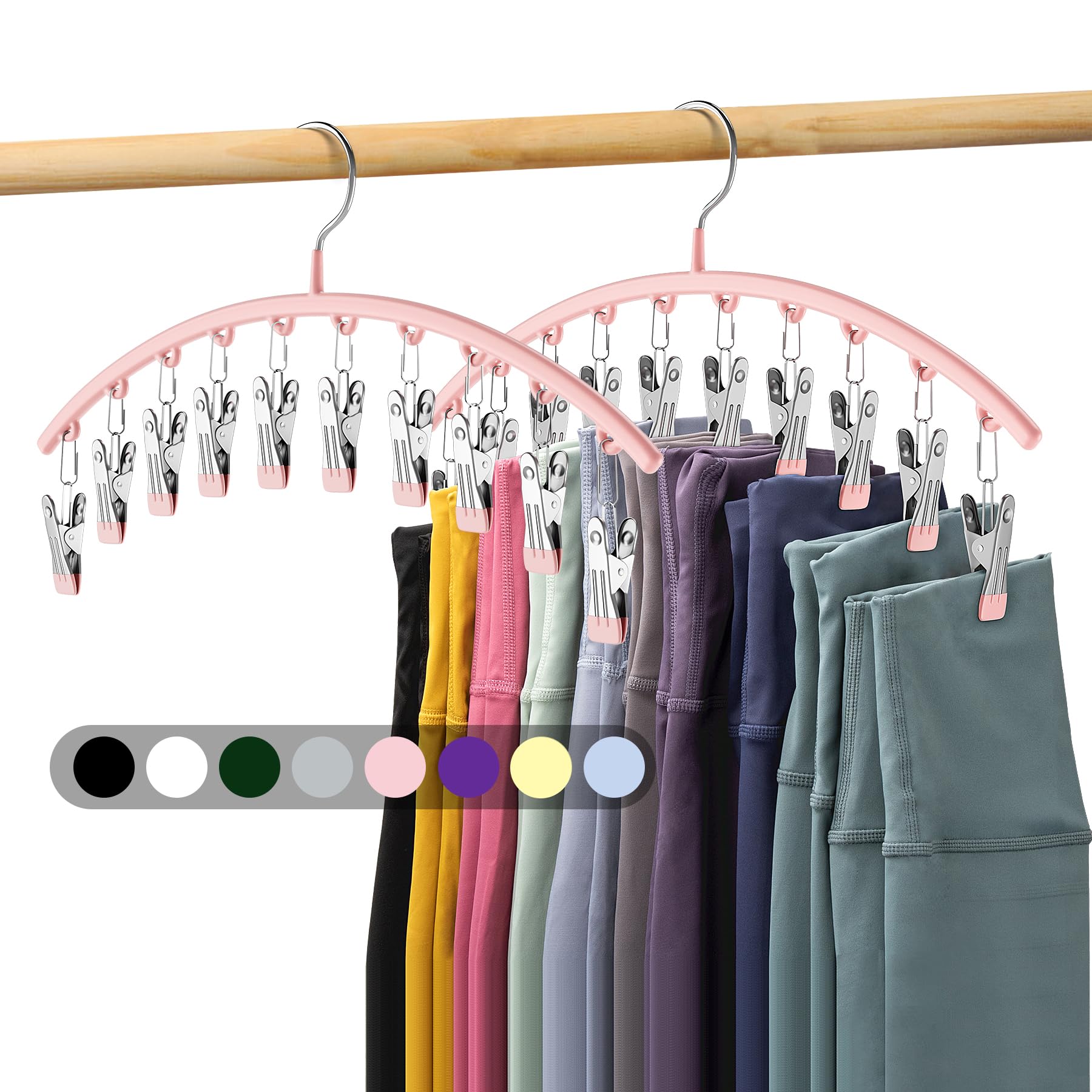 Legging Organizer for Closet, Metal Yoga Pants Hangers 2 Pack w/10 Clips Holds 20 Leggings, Space Saving Hanging Closet Organizer w/Rubber Coated Closet Organizers and Storage, Pink