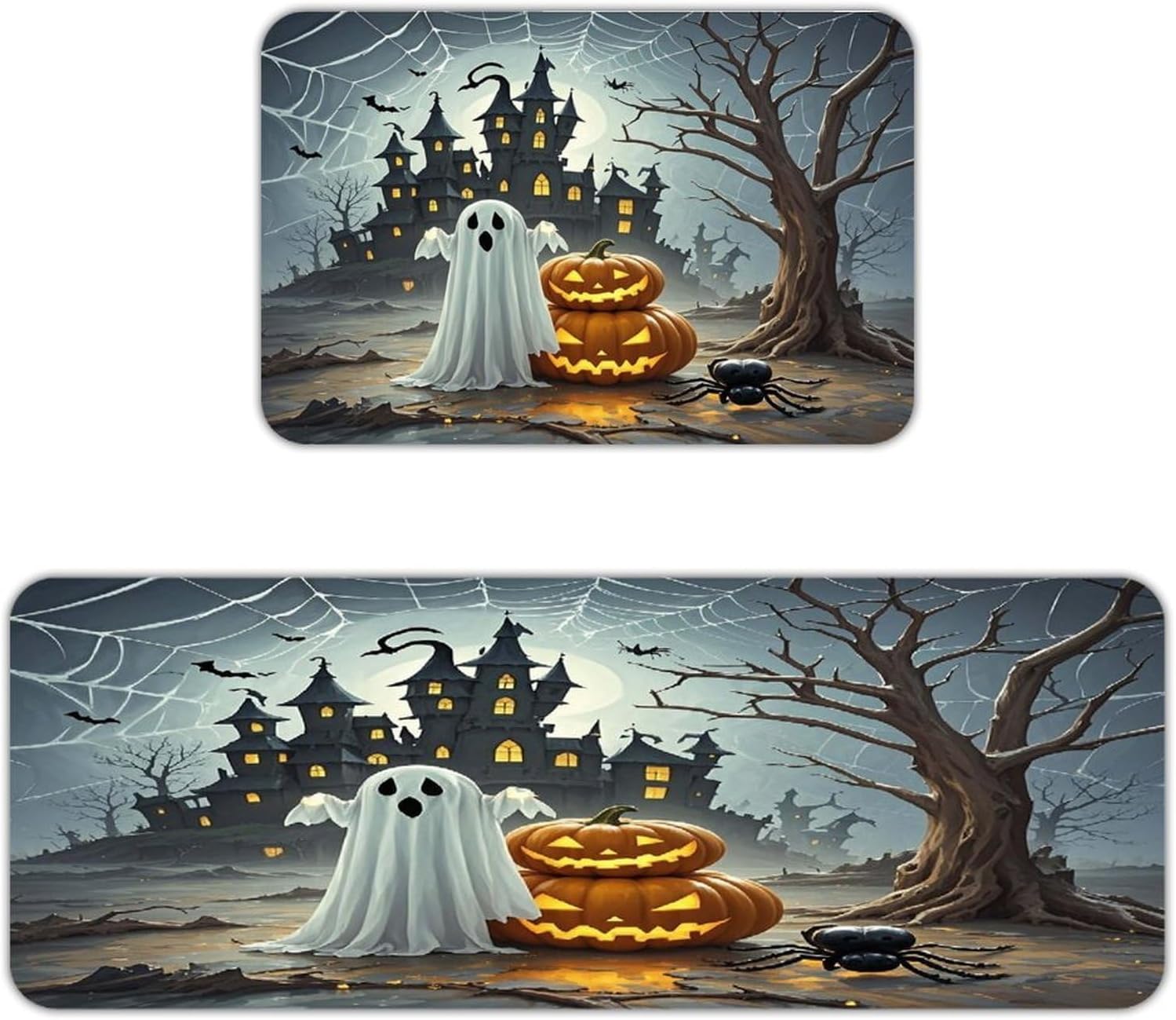 Ghost Pumpkin Castle Kitchen Mat Set of 2 Ergonomic Comfort Velvet Rugs Cushioned Anti-Fatigue Non-Slip Standing Mats Thick Kitchen Floor Mat Carpet Runner Rugs 16"×24"+17"×47"
