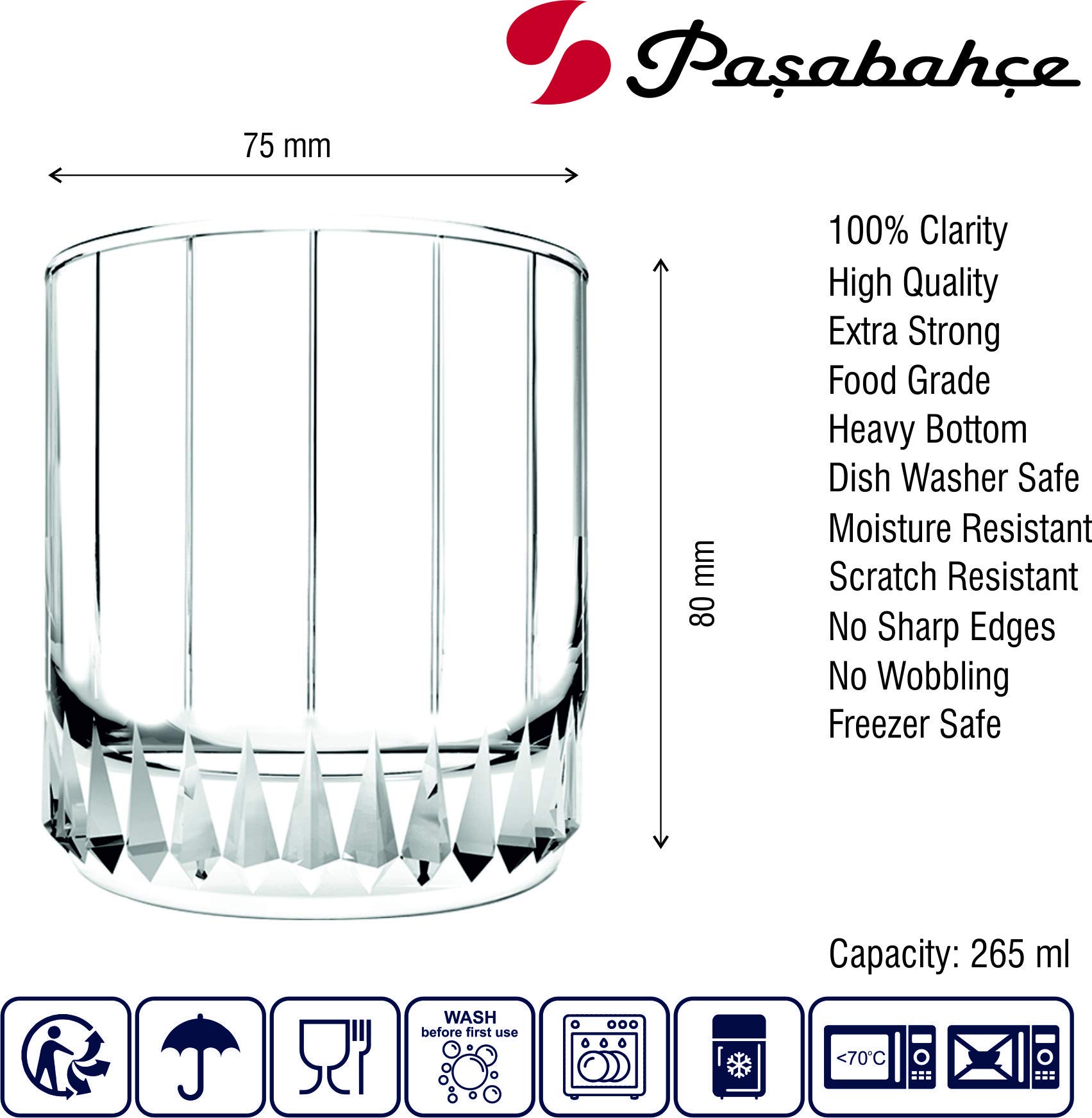 Pasabahce Leia Glass Tumbler from The Original Pasabahce from Turkey | Durable & Stylish Glassware for Water, Juice, Cold Drink Tumbler Set of 6 Pcs, 265 ml, Clear | Easy To Clean & Dishwasher Safe. 3
