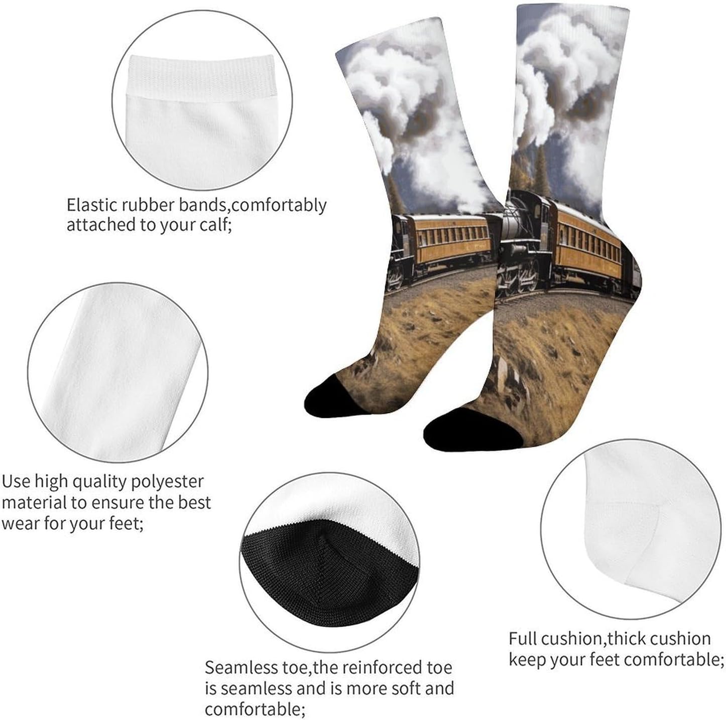 Breathable Sports Socks, Moisture Wicking, Lightweight Crew Socks | Steam Locomotive Train Athletic Calf Socks for Women Men, Casual, Anti-Slip, Multifunctional Work Socks