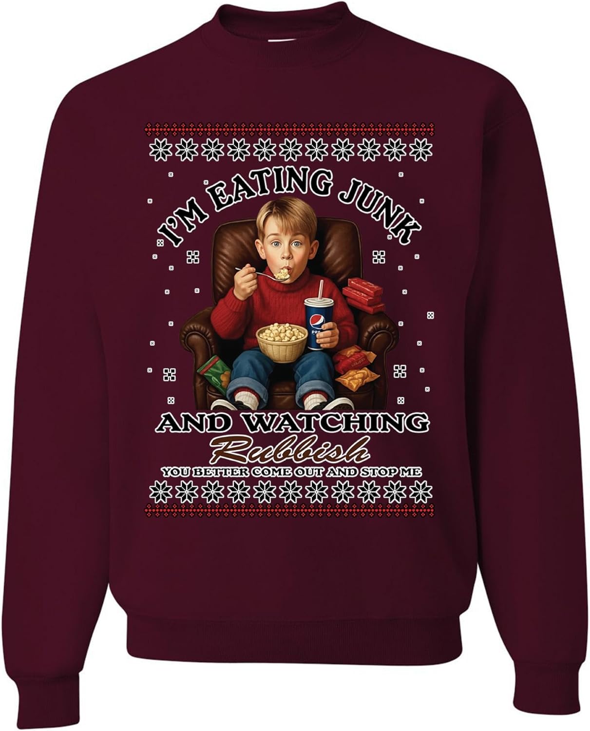 wild custom apparel Home Alone Im Eating Junk Watching Rubbish Funny Ugly Christmas Sweater Sweatshirt