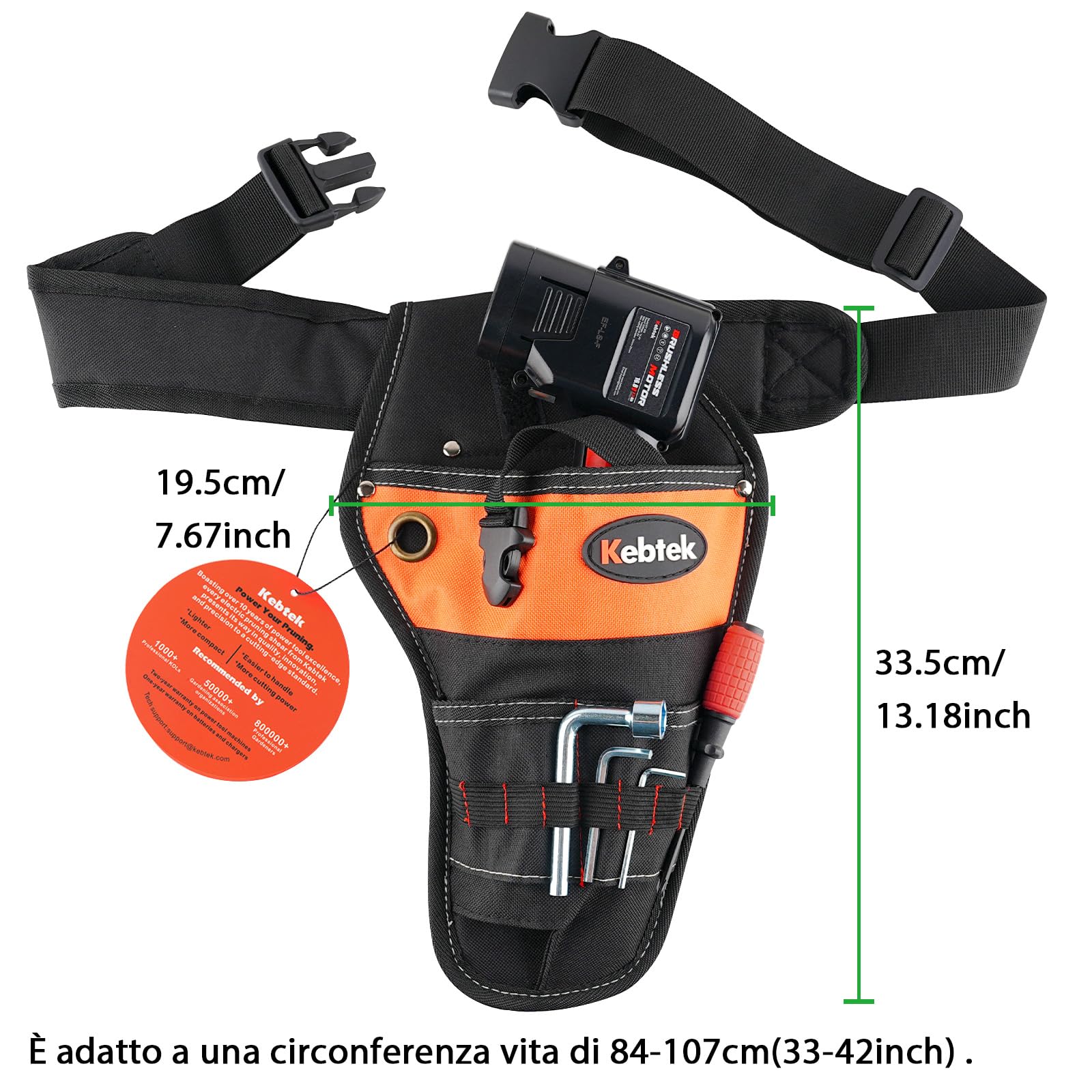 Kebtek Hand Pruner Hanging Pouch, Heavy Duty Construction Tool Belt for Electric Pruning Shear with Battery Pocket Tool Pouch - Adjusts from 33 Inches to 42 Inches (Black)
