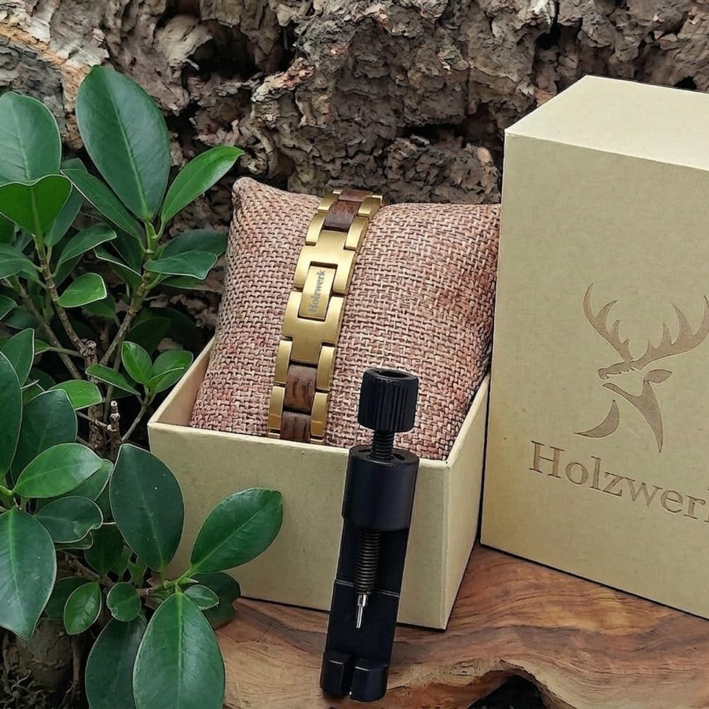 Holzwerk - Bracciale in legno naturale per uomo e donna, in legno, da uomo, colore marrone e oro, regolabile, con brevi e scatola di immagazzinaggio