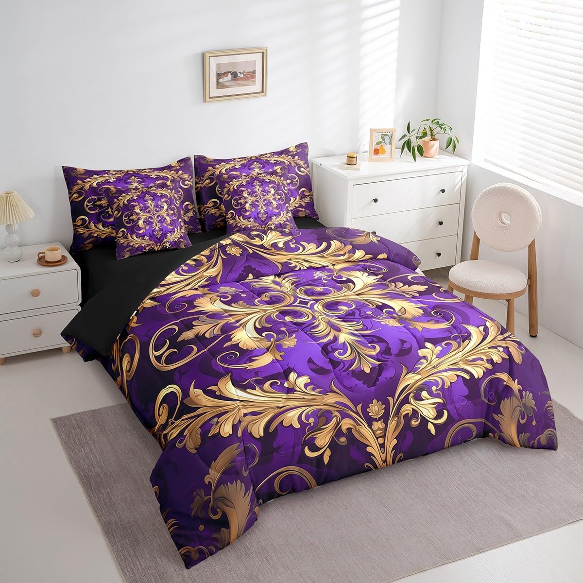Erosebridal Damask 7 Piece Twin Comforter Set Bed in a Bag, Vintage Aztec Flower Microfiber Bedding, Exotic Bohemian Paisley Bed Set for Bedroom, Fashion Victorian Baroque Hippie Fitted Sheets Set