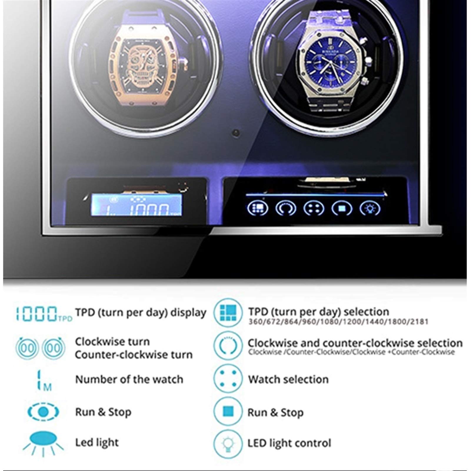 Caricatori per Orologi Automatici con Display LCD Touchscreen, Finitura in Legno, Illuminazione Integrata, vani di Carica alimentati da Un Motore Estremamente Silenzioso.