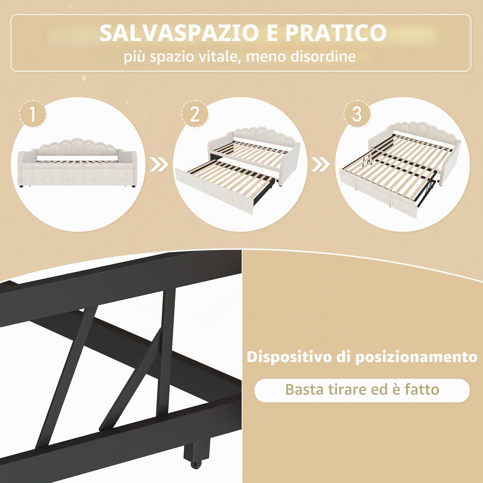 Soweiz - Divano letto con letto estraibile, letto singolo (senza materasso), letto matrimoniale, in velluto, con striscia LED che cambia colore, 90x200 cm (180x200 cm) (Beige)
