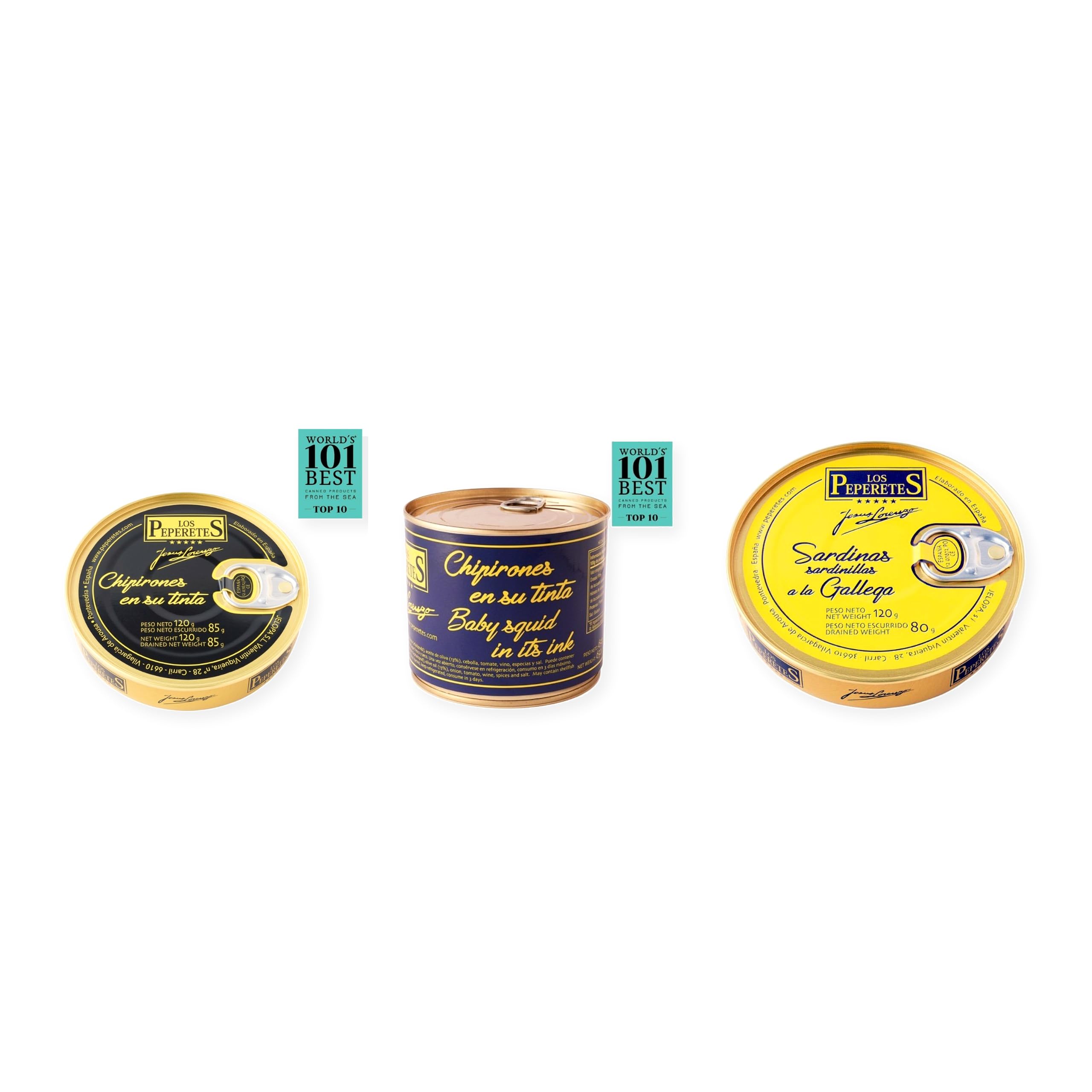 los peperetes conservas Chipirones Tinta 120g, Chipirones Tinta 460g y Sardinillas Gallega pack 3 latas