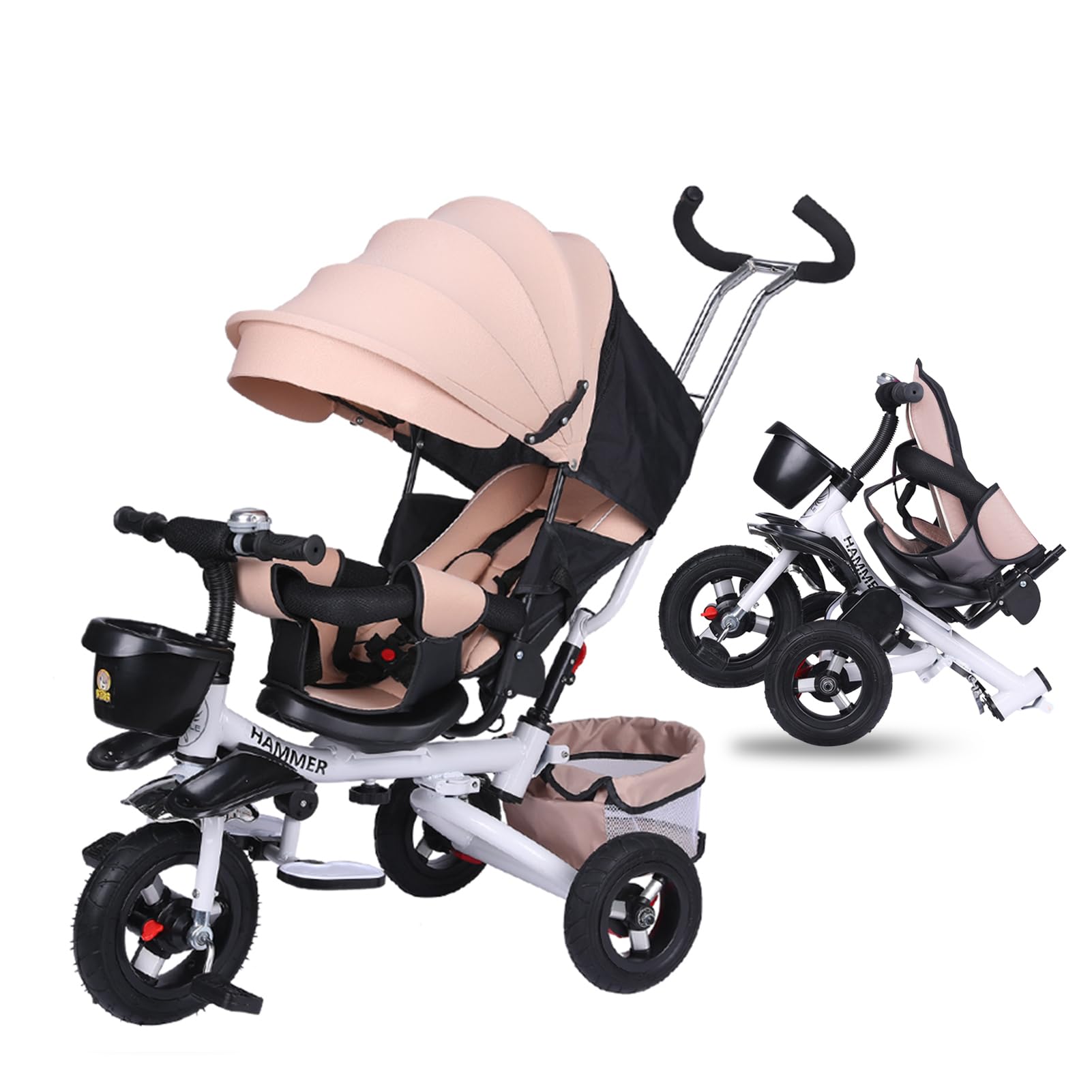 DAYONGKids Tricycle, Multi-Functional Baby Push Trike with Trolley Bar and Sunshade, Child Stroller Toddler Tricycle with Swivel Seat, Folding 3 Wheels Bike for 6 months to 6 years (Khaki)