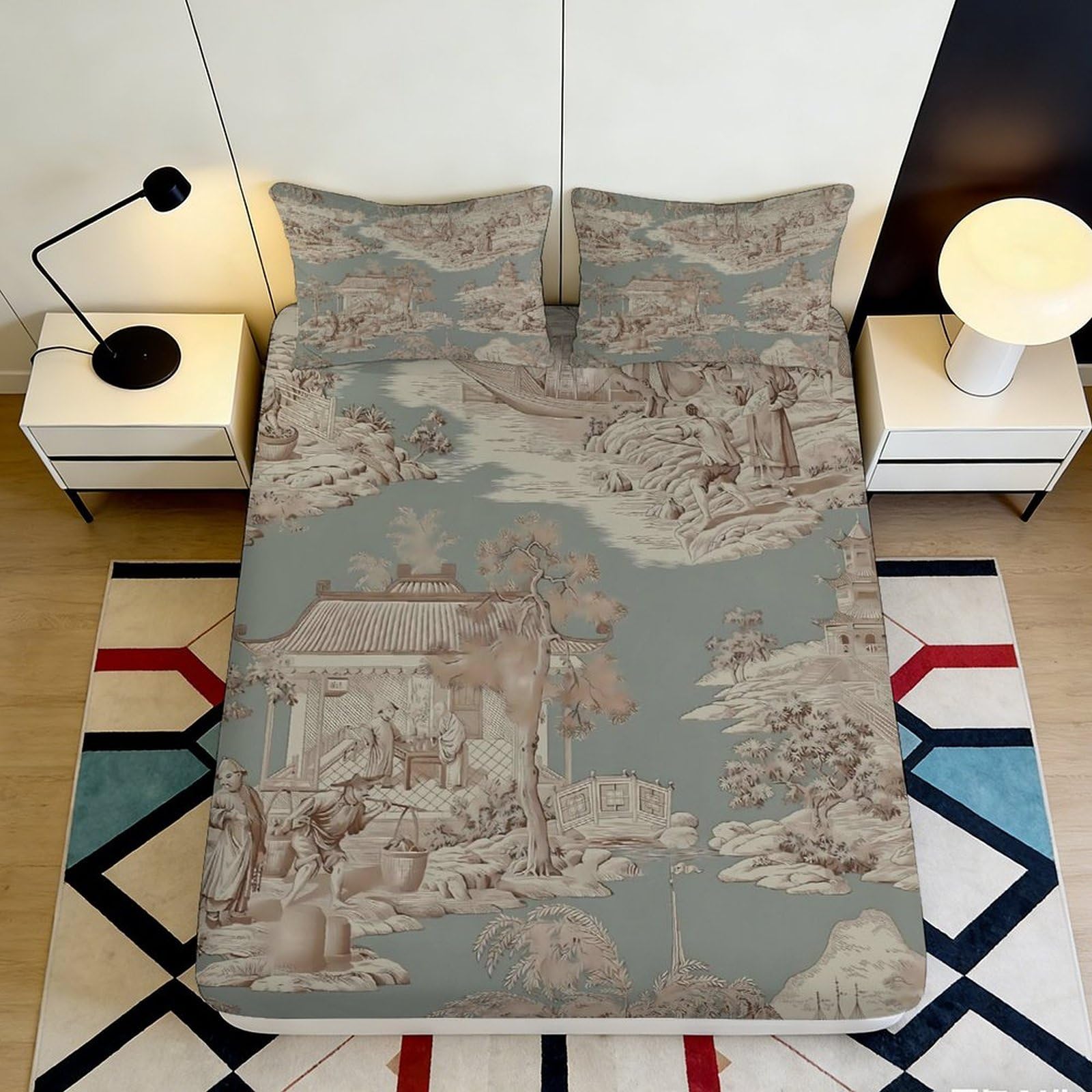 3D Printed Chinese Landscape Fitted Sheet Microfiber Soft Oriental Village Mattress Cover Bedroom Decor 90x200x25cm