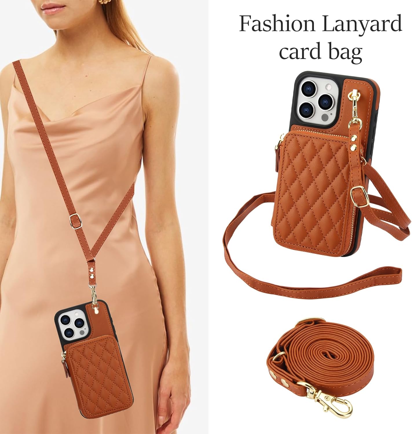 Wefor Compatible with iPhone 15 Pro Max Wallet Case Crossbody for Women, Zipper Phone Case with RFID Blocking Card Holder Wrist Strap Purse (Brown)