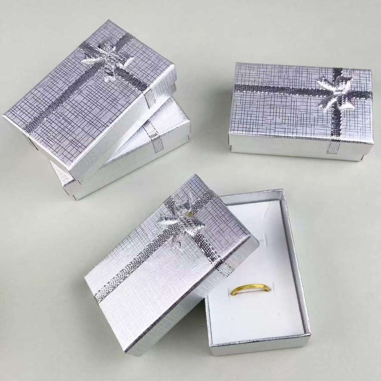 4PCS Silver Bow Necklace Ring Earrings Bracelet Packaging Box with Decorative Bow for Jewelry Storage and Presentation
