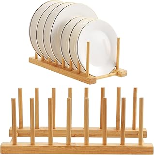 TsunNee 2PCS Bamboo Rack Holder Dish Drainer, 7 Slots Stand Drainer, Dish Rack Dish Stand, Dish Drying Rack Dish Shelf, Kitchen Counter Storage Holder for Plate Cup Pot Lid