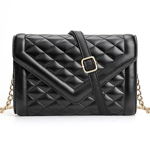 Small Leather Crossbody Bags for Women Quilted Clutch Purse Black Designer Cross Body Bag Trendy Cell Phone Crossbody Purse Chain Strap Handbags Stylish Flap Bag