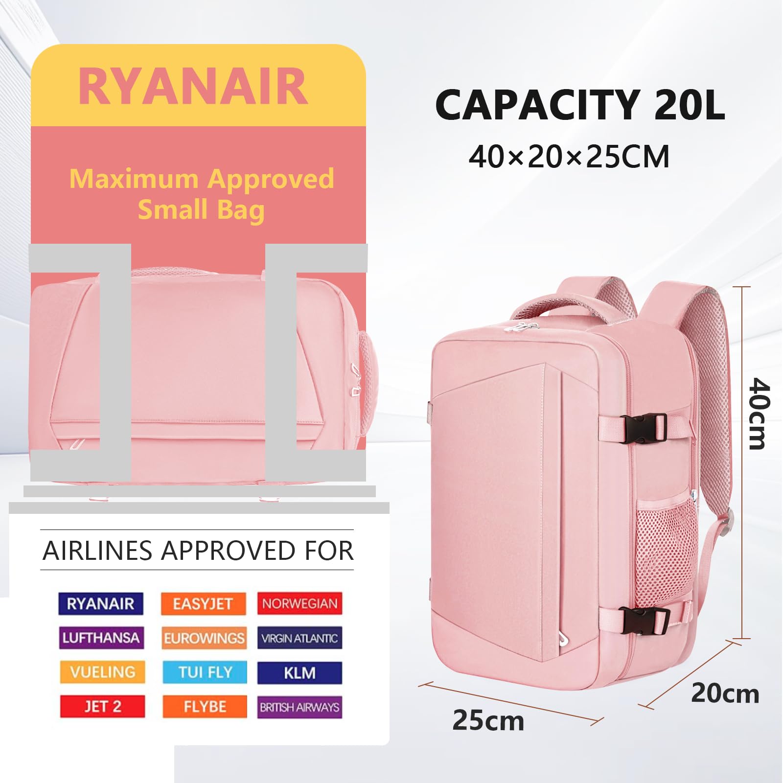 KIRFEIHT Zaino da Viaggio 40x20x25 per Ryanair Borsa da Viaggio per Cabina - Bagaglio a Mano Aereo Piccolo, Zaini Universali per Scuola Trekking Lavoro (Rosa)