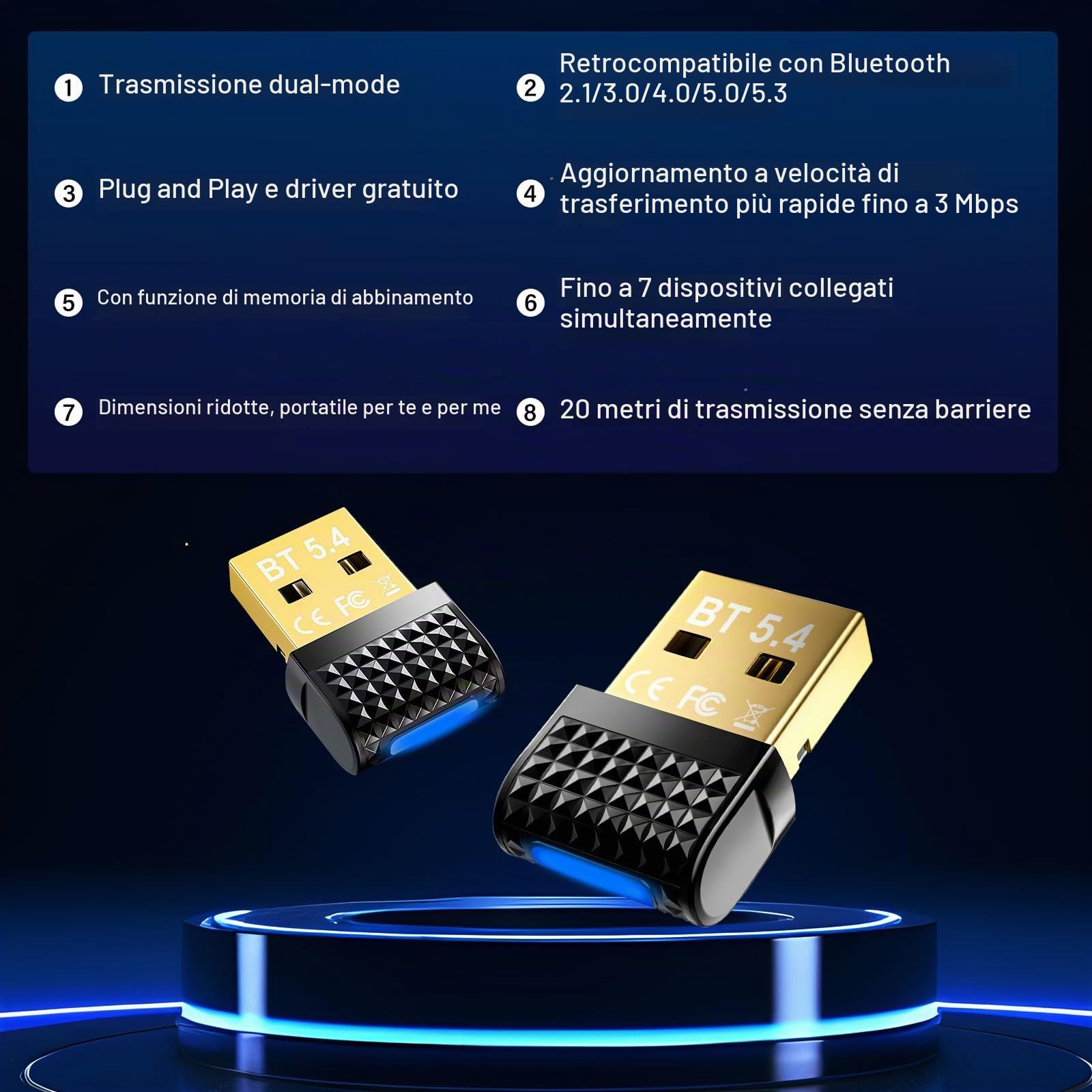 Chiavetta Bluetooth 5.4 per PC, Adattatore USB Bluetooth a Bassa Latenza, Dongle Wireless per Windows 11/10/8.1/7, Compatibile con Cuffie, Mouse, Tastiere, Controller, Stampanti e Altri Dispositivi