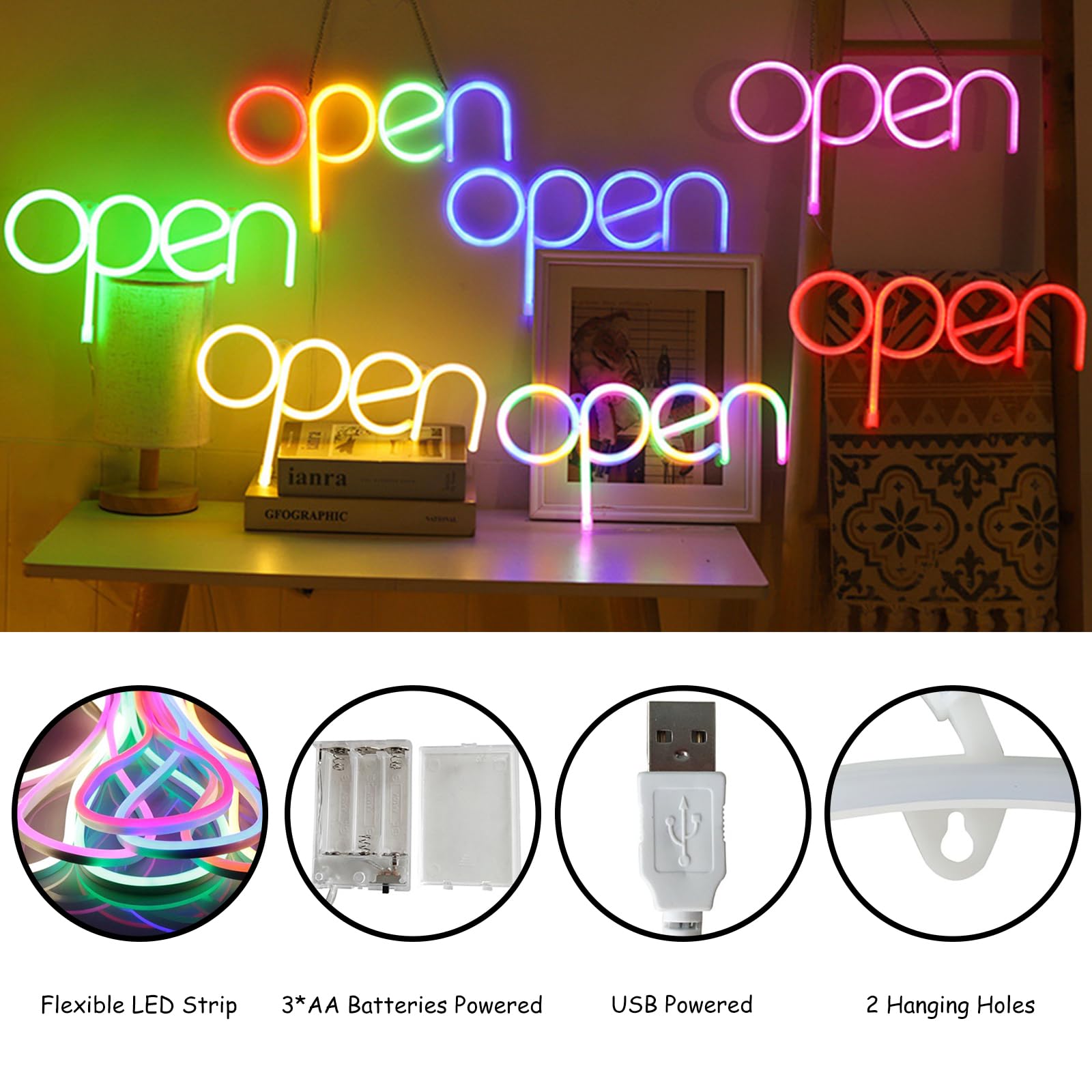 Amazon.co.jp: 壁掛け OPEN LED ネオンサイン USB 給電＆乾電池給電