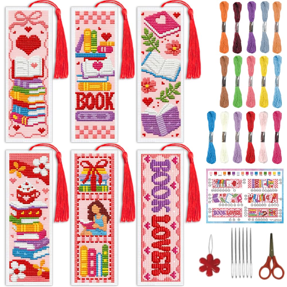 INFUNLY 6PCS Pink Books Cross Stitch Bookmark Kit for Adults 3''×8.5'' Book Lovers Stamped Embroidery Bookmark Kits with Flowers Needlepoint Bookmark Kit with Instruction for Book Lovers Readers