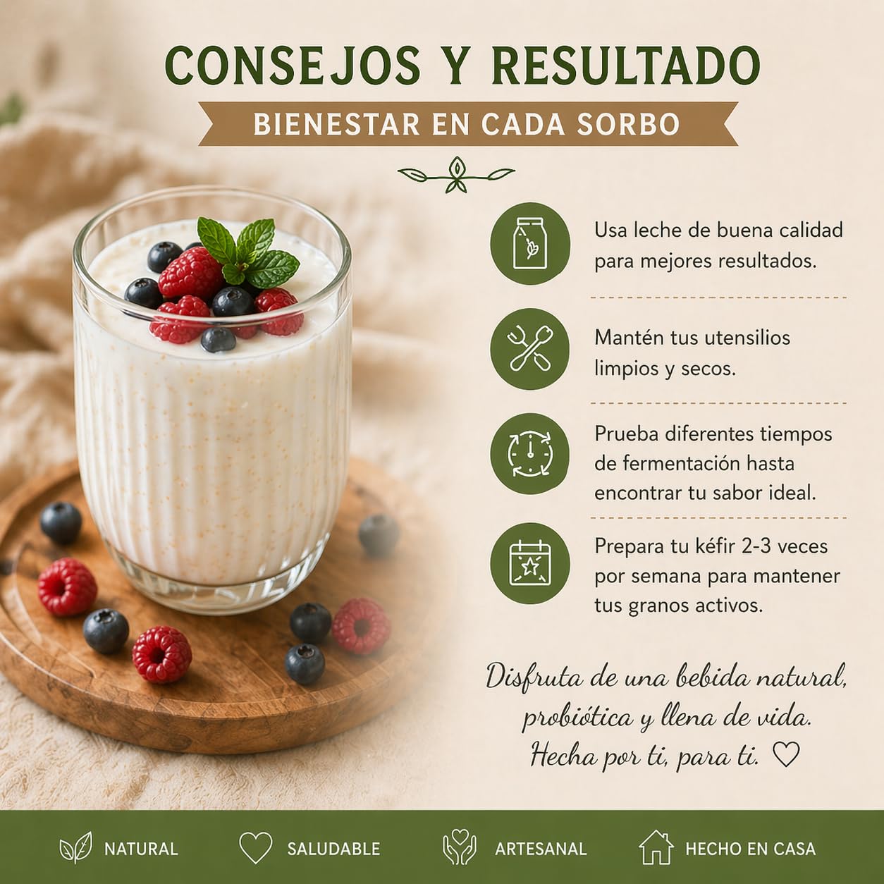 Kit kefir casero - MAGIC RAINBOW - Tarro de cristal con tapa 750 ml colador plástico cuchara madera paño textil y caja de inicio para preparación doméstica - Sin kéfir incluido — view 6