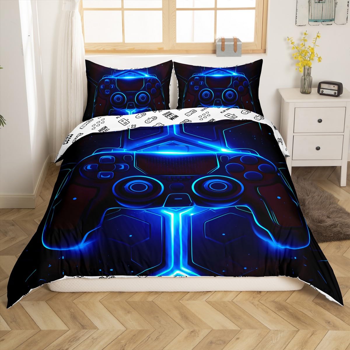 Homemissing Set di biancheria da letto per bambini e adolescenti, per letto king size, copripiumino geometrico blu, motivo videogiochi, senza