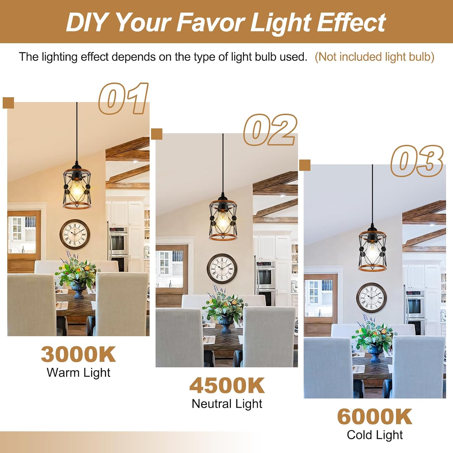 Farmhouse Pendant Light, Rustic Pendant Lights Kitchen Island, Pendent Light with Wooden Frame, Metal Case, E26 Bulb Base (Wood-3P, 3 Pack)