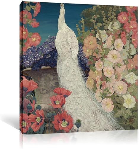 Jessie Arms Botke Prints-Famous Paintings Printed On Canvas-Peacocks and Hollyhocks,1926Reproduction On Canvas-Bird Canvas Wall Art Animal Pictures