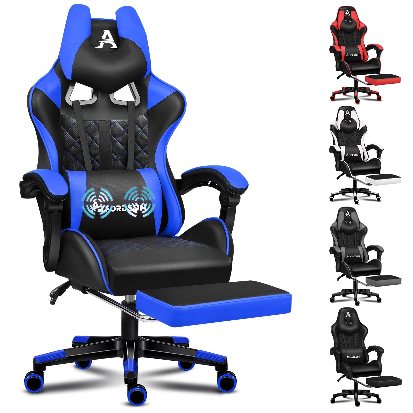 ALFORDSON Sedia Gaming Ergonomica Reclinabile con Poggiapiedi Blu | Poltrona Gamer in Similpelle Serie ETHAN, Schienale regolabile, con supporto lombare e poggiatesta, portata 180 kg