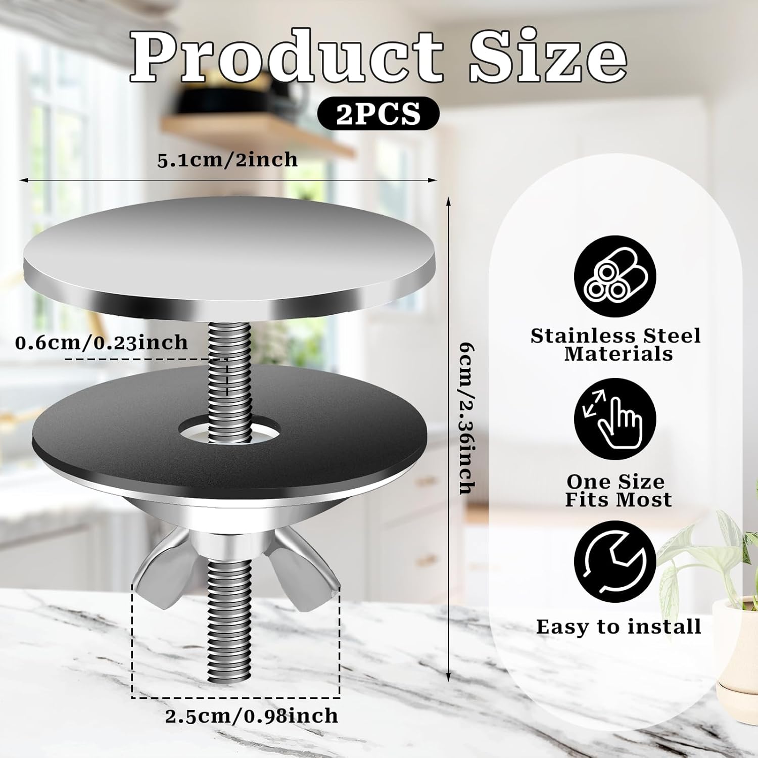 2 Pack 2" Kitchen Sink Hole Cover Stainless Steel Kitchen Faucet Hole Cover Sink Caps for Top Holes, Silver Sink Tap Hole Plate Stopper Covers Metal Sink Hole Plug