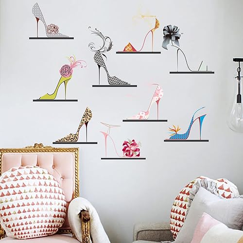 Miniatura 5 de Maydahui Calcomanías de pared de zapatos de tacón alto de colores modernos para mujer, zapatos de flores, tacones (32 x 30 pulgadas) para zapatos,