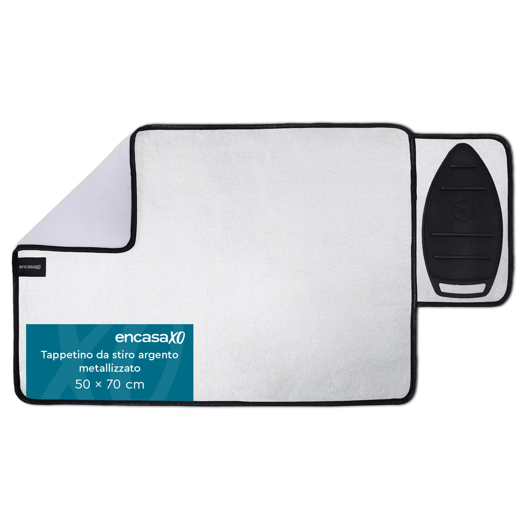 Encasa XO Ironing Mat/Pad - Argento metallico (grande 70x50 cm) con 5 mm di imbottitura in schiuma e ferro da stiro in silicone per la pressatura a vapore su tavolo o letto