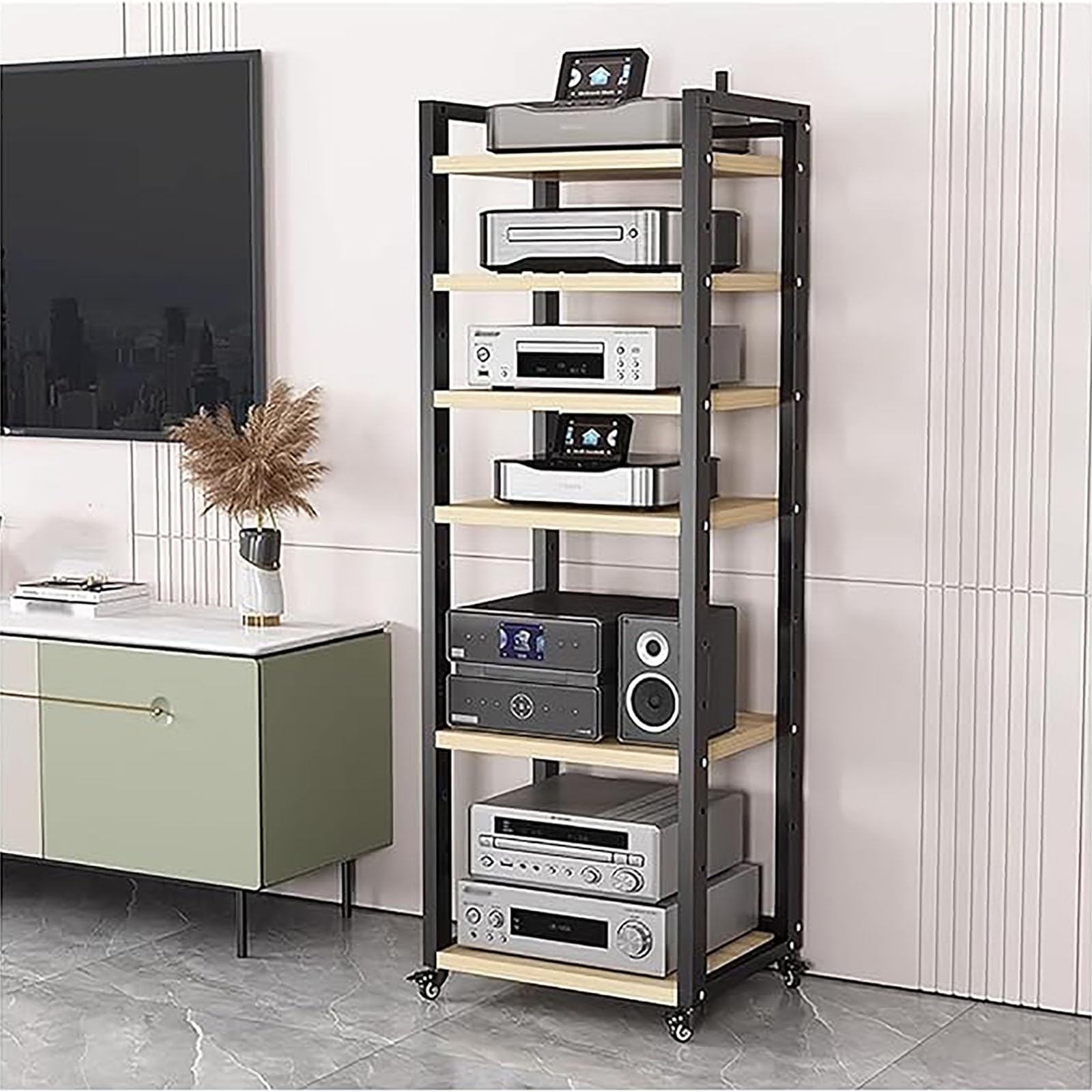 Stojak hi-fi, regały i stojaki Hi-Fi, stojak audio, stojak na sprzęt AGD, 5-warstwowa półka na sprzęt elektroniczny, 6, 7, 8 półek, wysokie, toczące się regały stereo z kółkami i regulacją wysokości