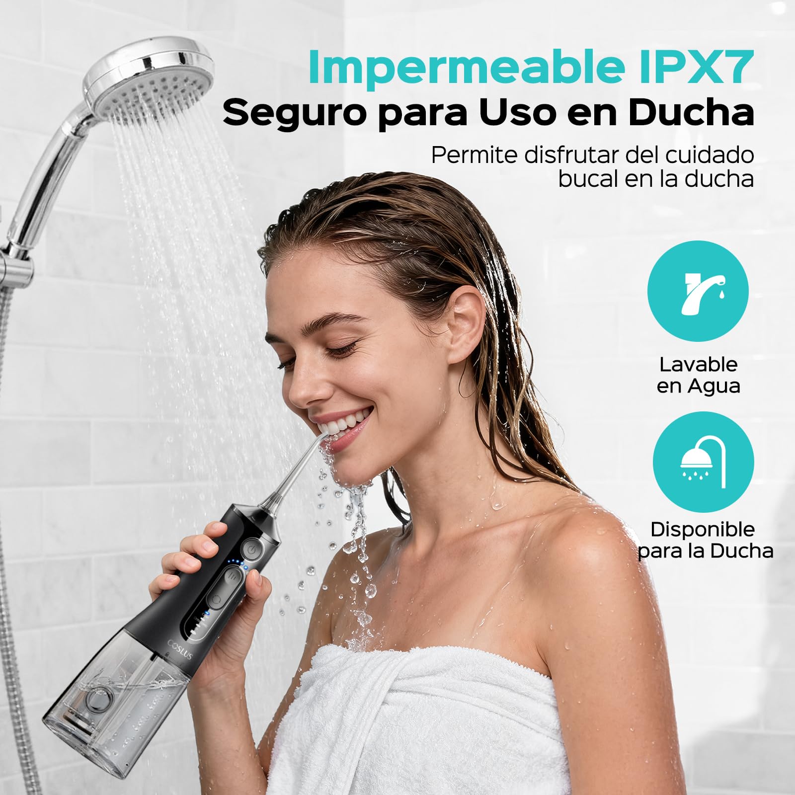 COSLUS C51 Irrigador Dental Bucal Portatil: 3 Modos y 18 Presión Ajustable -300ml IPX7 Irrigador Bucal Inalámbrico para Ortodoncia/Encías Sensibles -Limpieza Dientes de Hogar Viaje - 4 Boquillas Negro