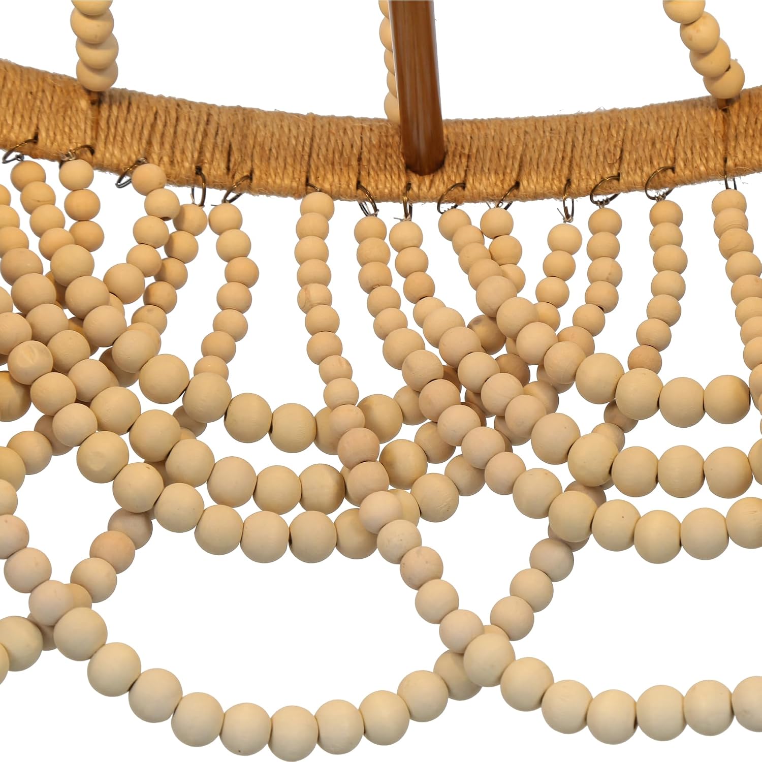 Wood Beaded Chandelier, Large 3 Light White Boho Chandelier Light Fixtures Gold Bohemian Chandelier for Living Room Bedroom Dining Room, Solid Wood Beads and Natural Hemp Rope